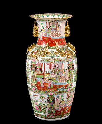 Chinese Canton Famille Rose Palace Floor Vase Qing Dynasty. The vase is 37" in height. It has 