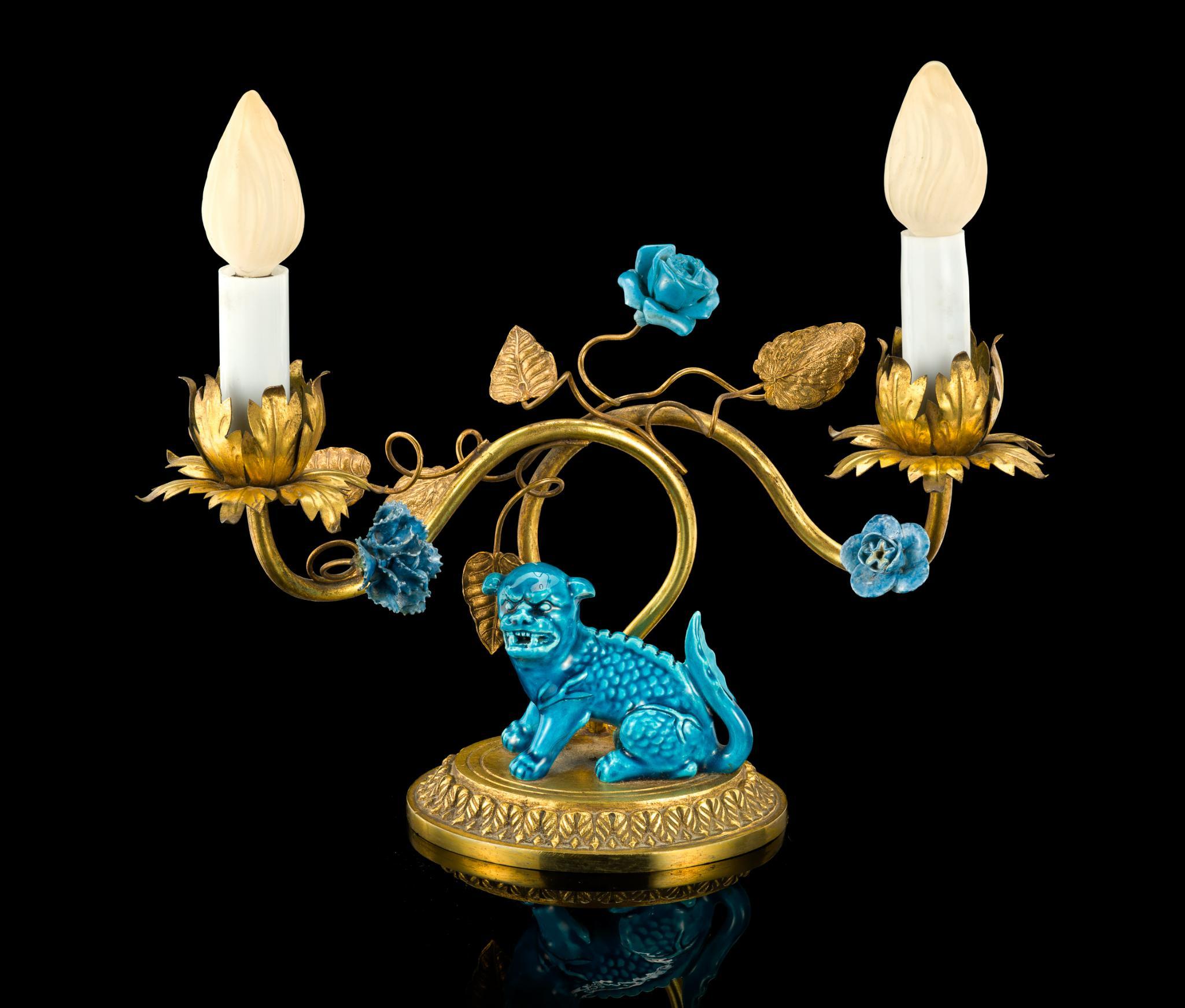 Chinese Ceramic and Gilt Bronze Foo Dog Lamp