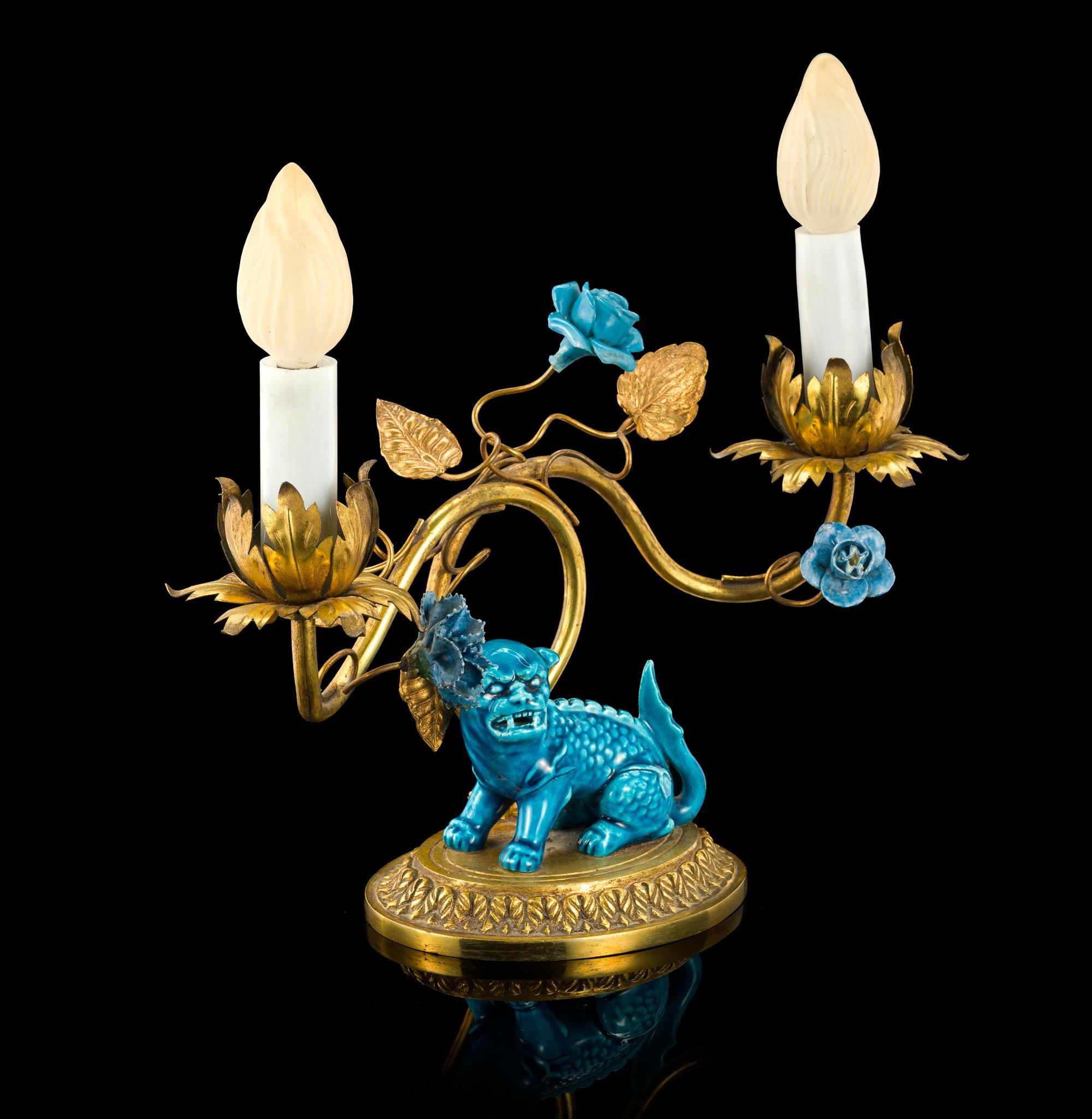 Chinese Ceramic and Gilt Bronze Foo Dog Lamp