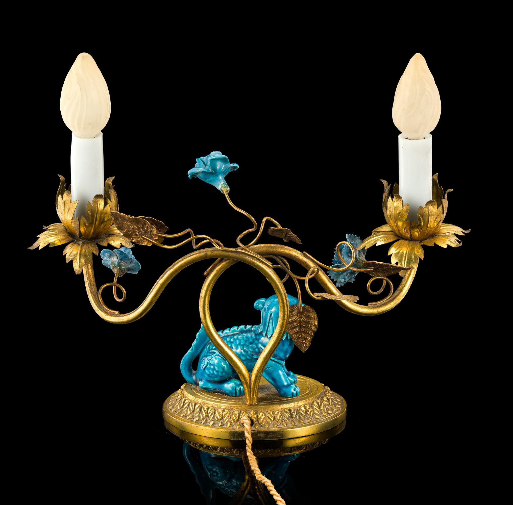 Chinese Ceramic and Gilt Bronze Foo Dog Lamp