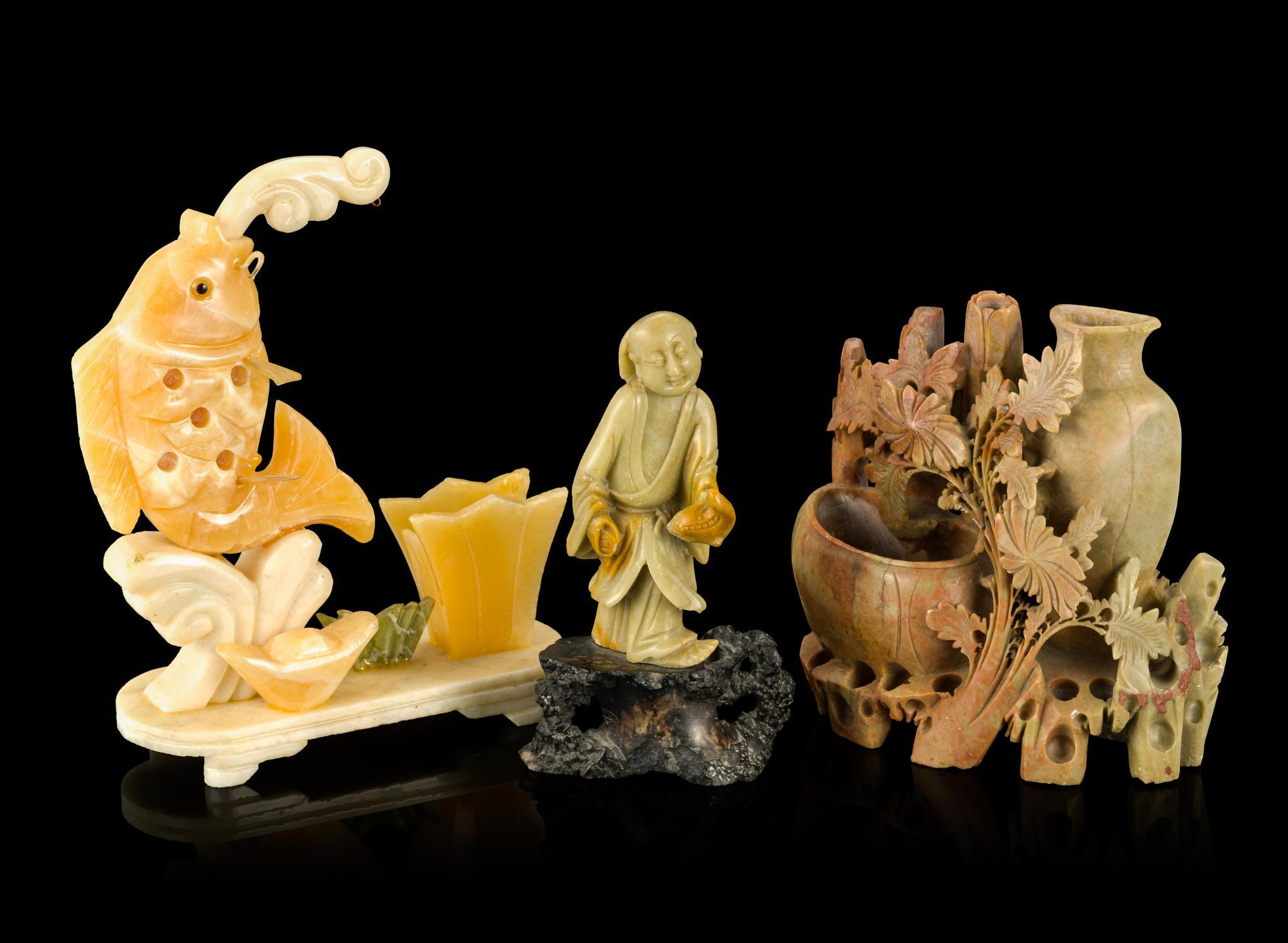 3 Chinese Carved Soapstone Desk Objects