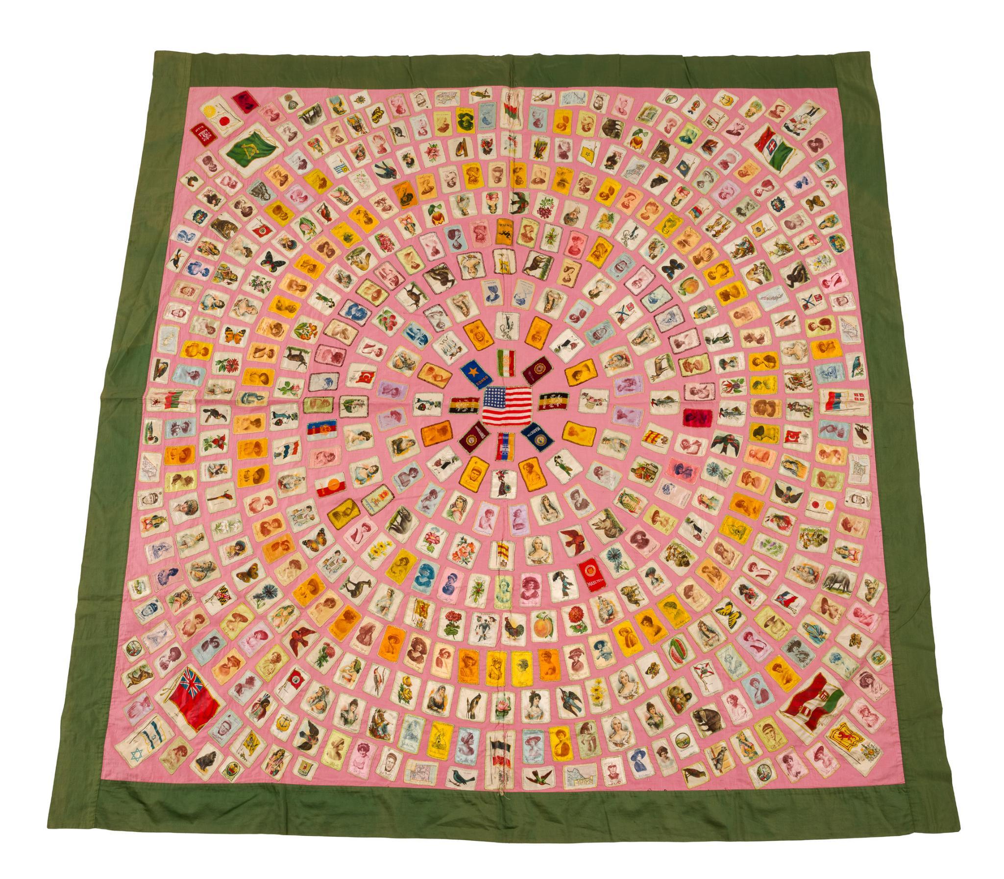 Early 20th C Cigarette Silk Quilt with 505 Tobacco Premiums, Including Ty Cobb