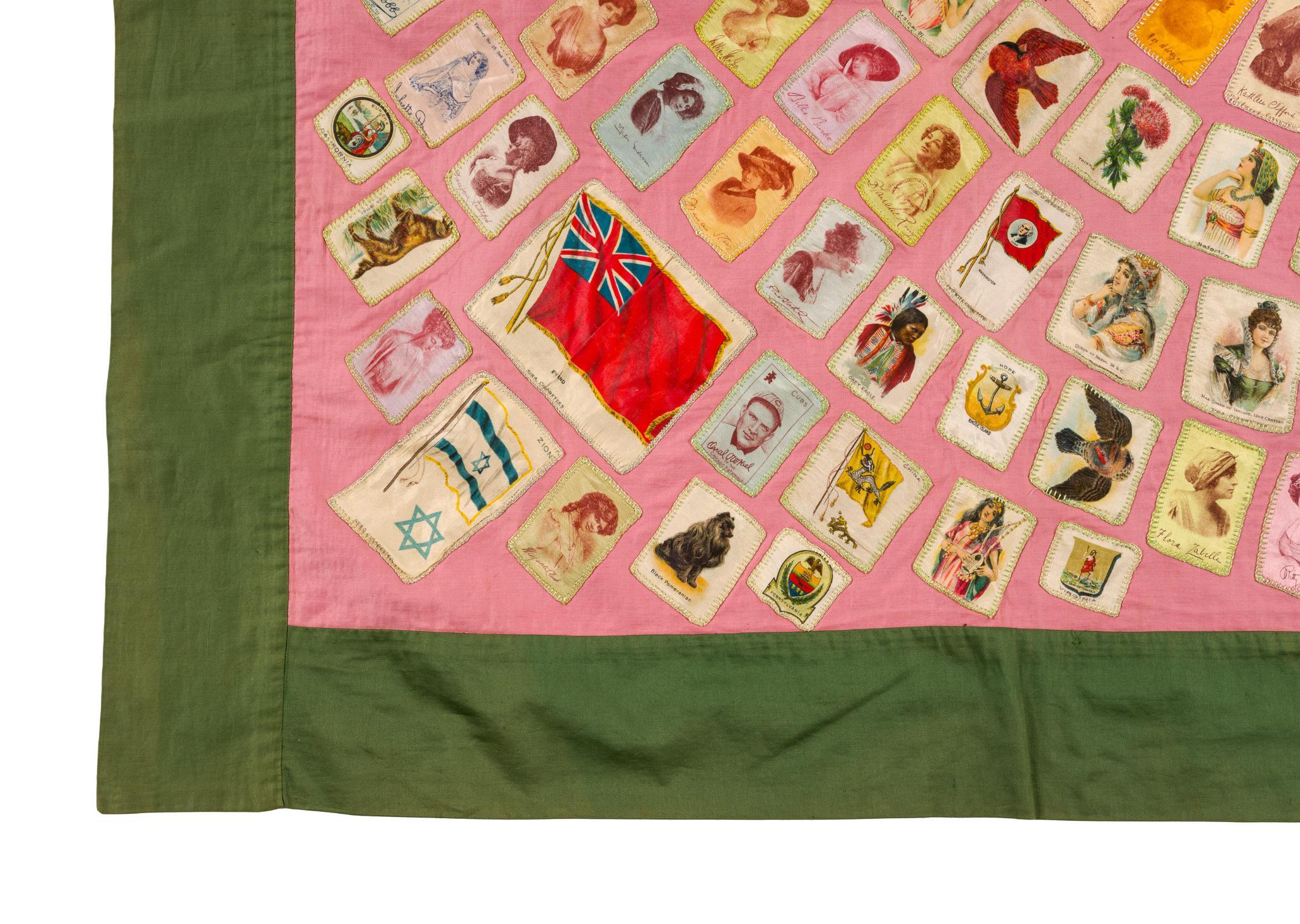 Early 20th C Cigarette Silk Quilt with 505 Tobacco Premiums, Including Ty Cobb