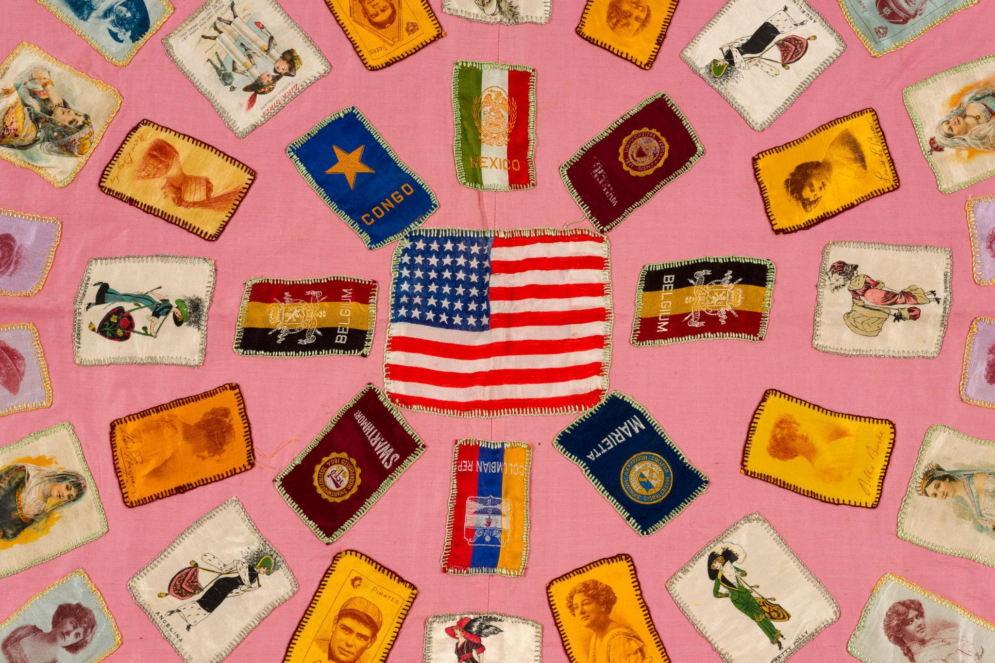 Early 20th C Cigarette Silk Quilt with 505 Tobacco Premiums, Including Ty Cobb