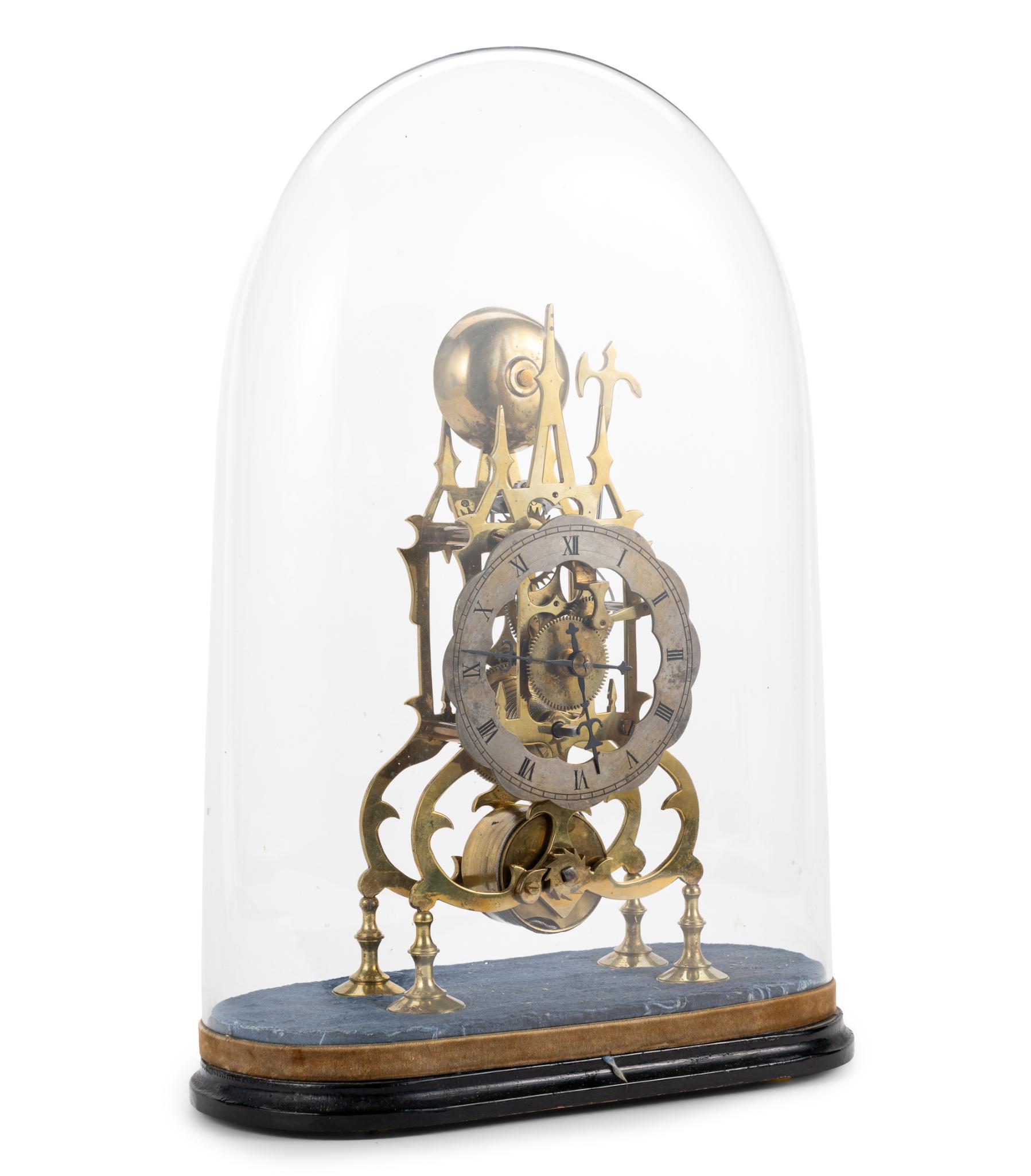 Antique Brass Skeleton Clock with Glass Cloche Dome