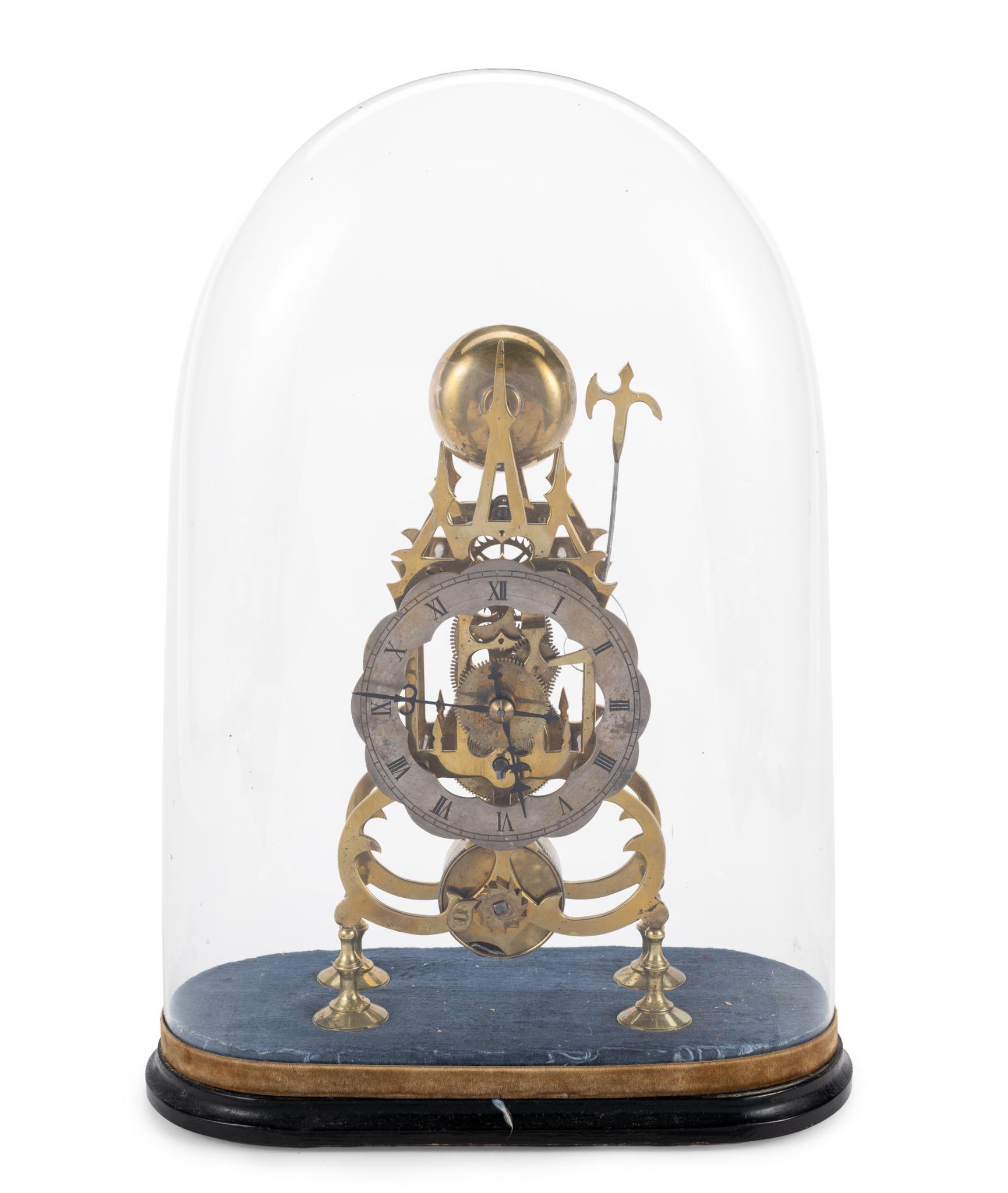 Antique Brass Skeleton Clock with Glass Cloche Dome