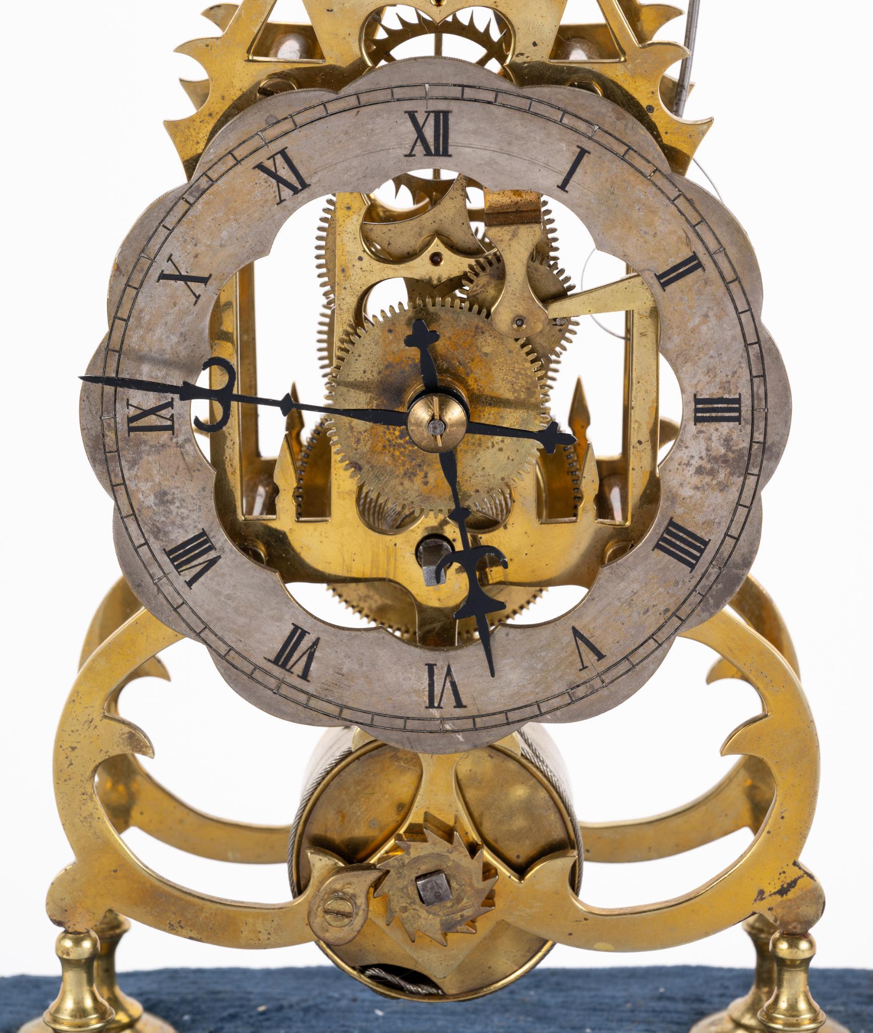 Antique Brass Skeleton Clock with Glass Cloche Dome