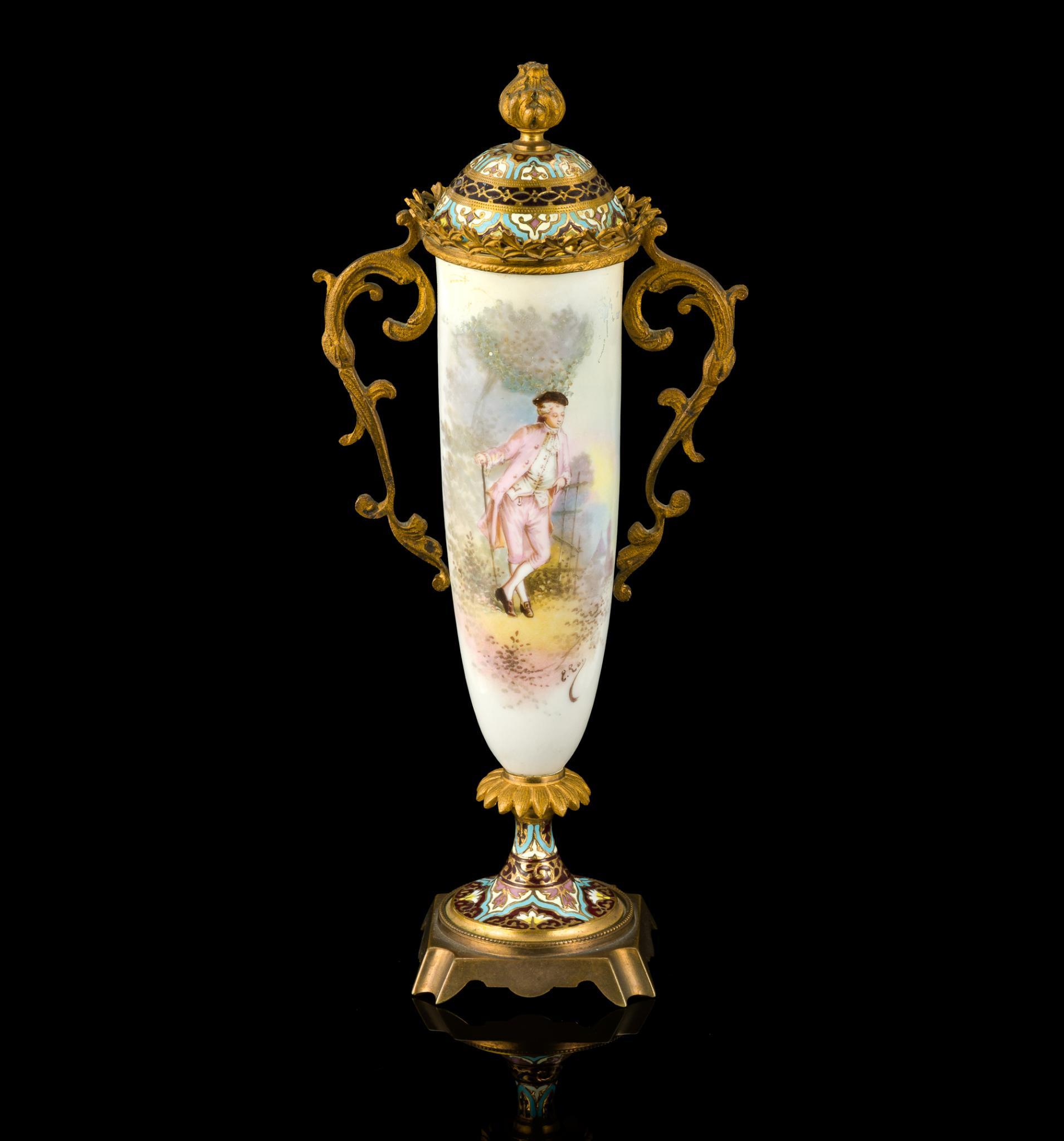 French Sevres Style Porcelain and Enamel Mounted Lidded Urn
