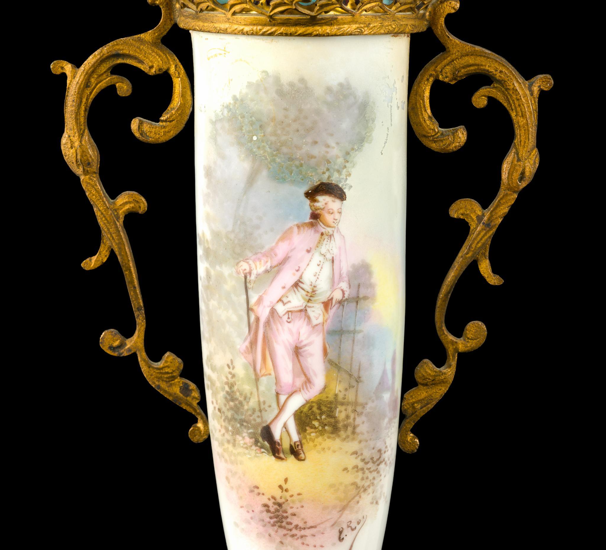 French Sevres Style Porcelain and Enamel Mounted Lidded Urn