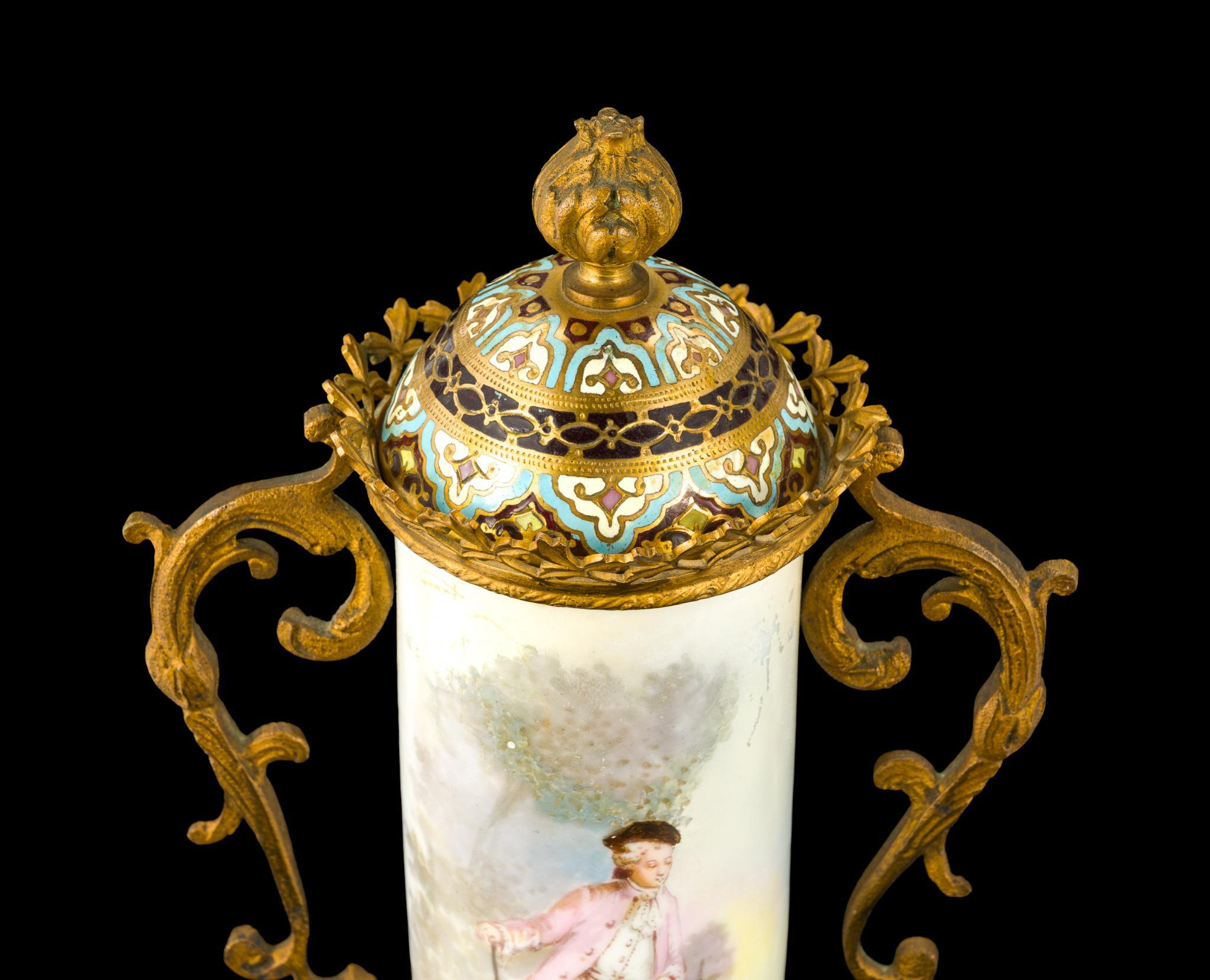 French Sevres Style Porcelain and Enamel Mounted Lidded Urn