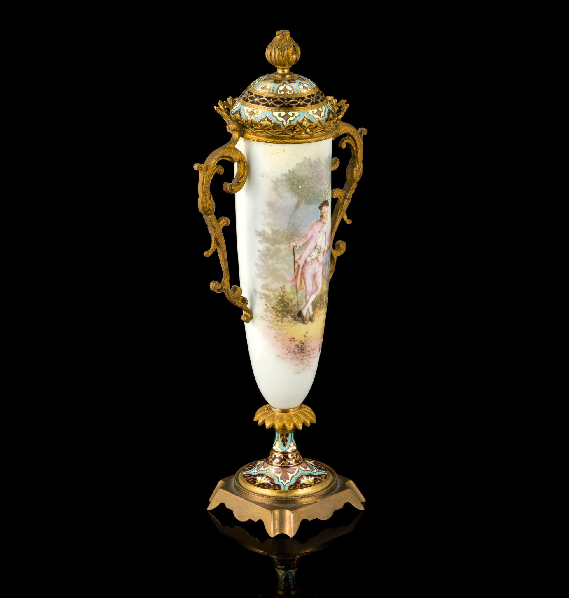 French Sevres Style Porcelain and Enamel Mounted Lidded Urn
