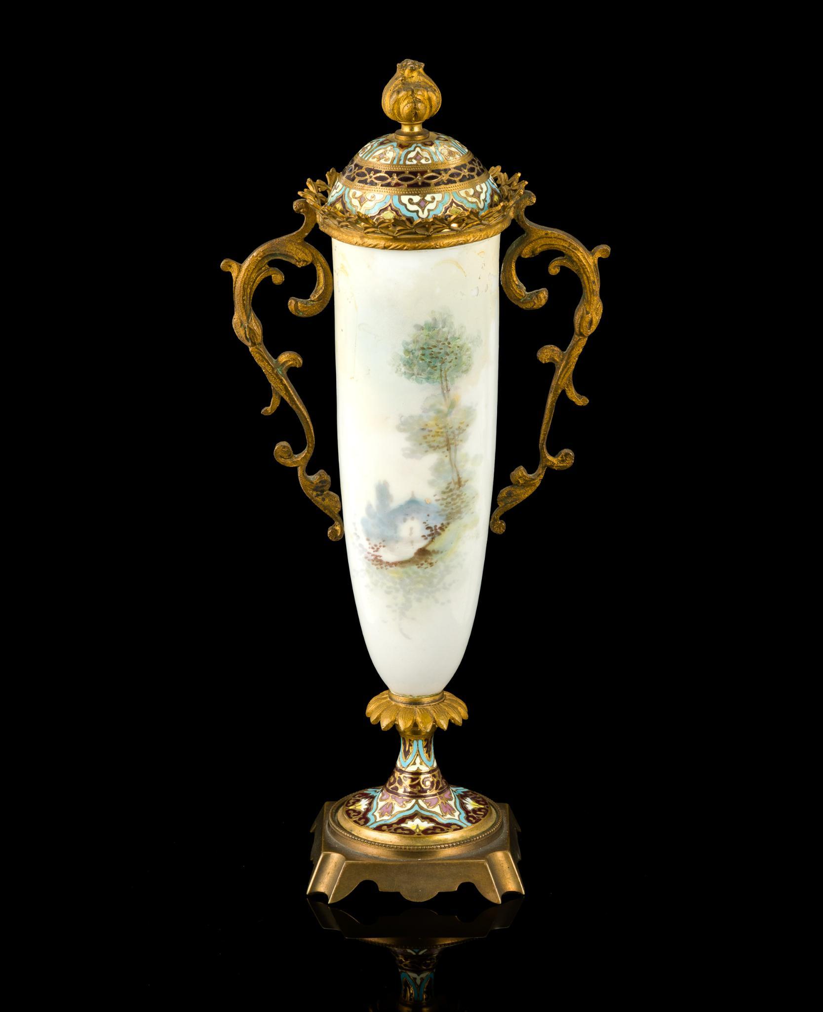 French Sevres Style Porcelain and Enamel Mounted Lidded Urn