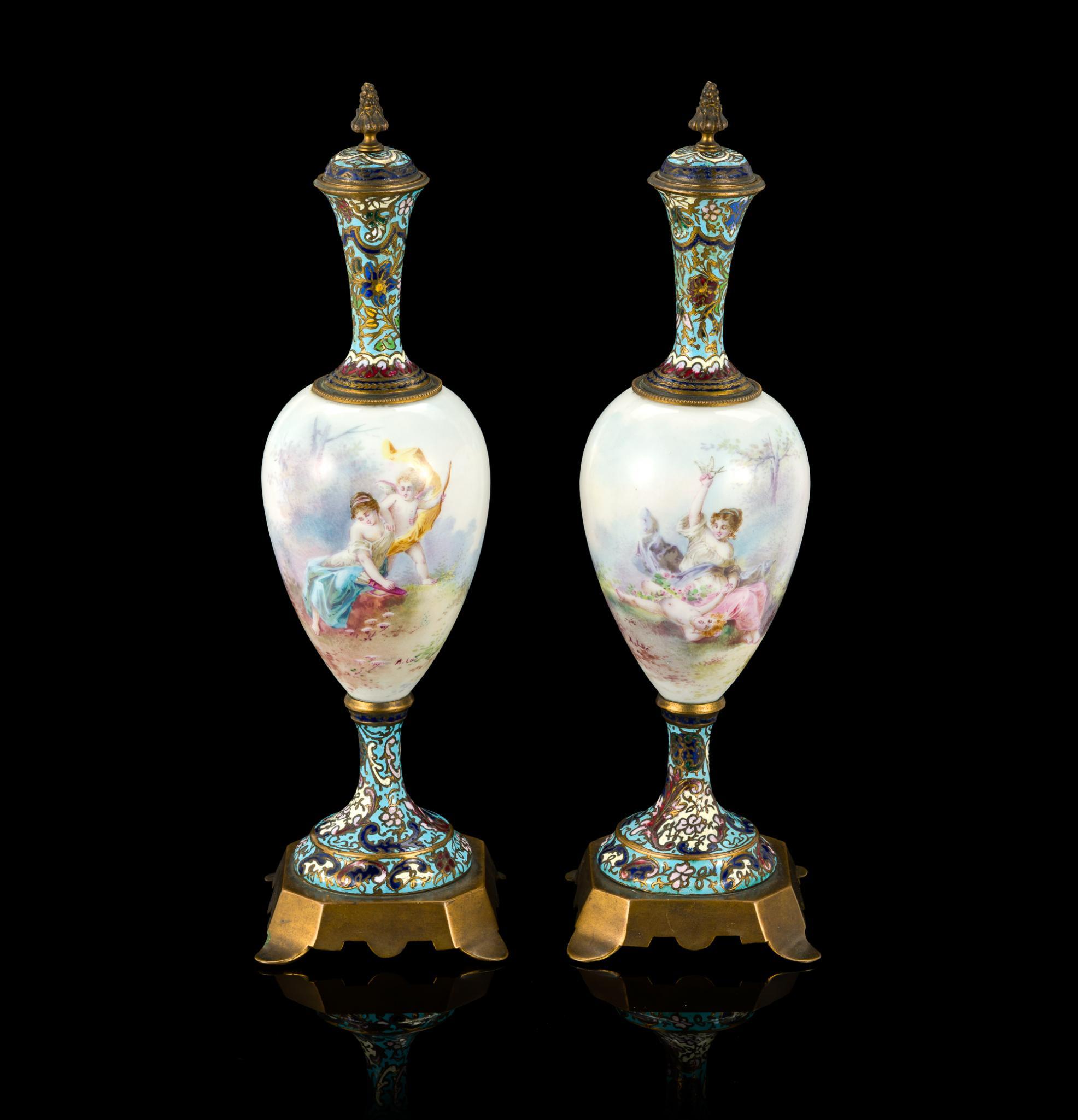 Pair of French Sevres Style Porcelain and Enamel Lidded Urns