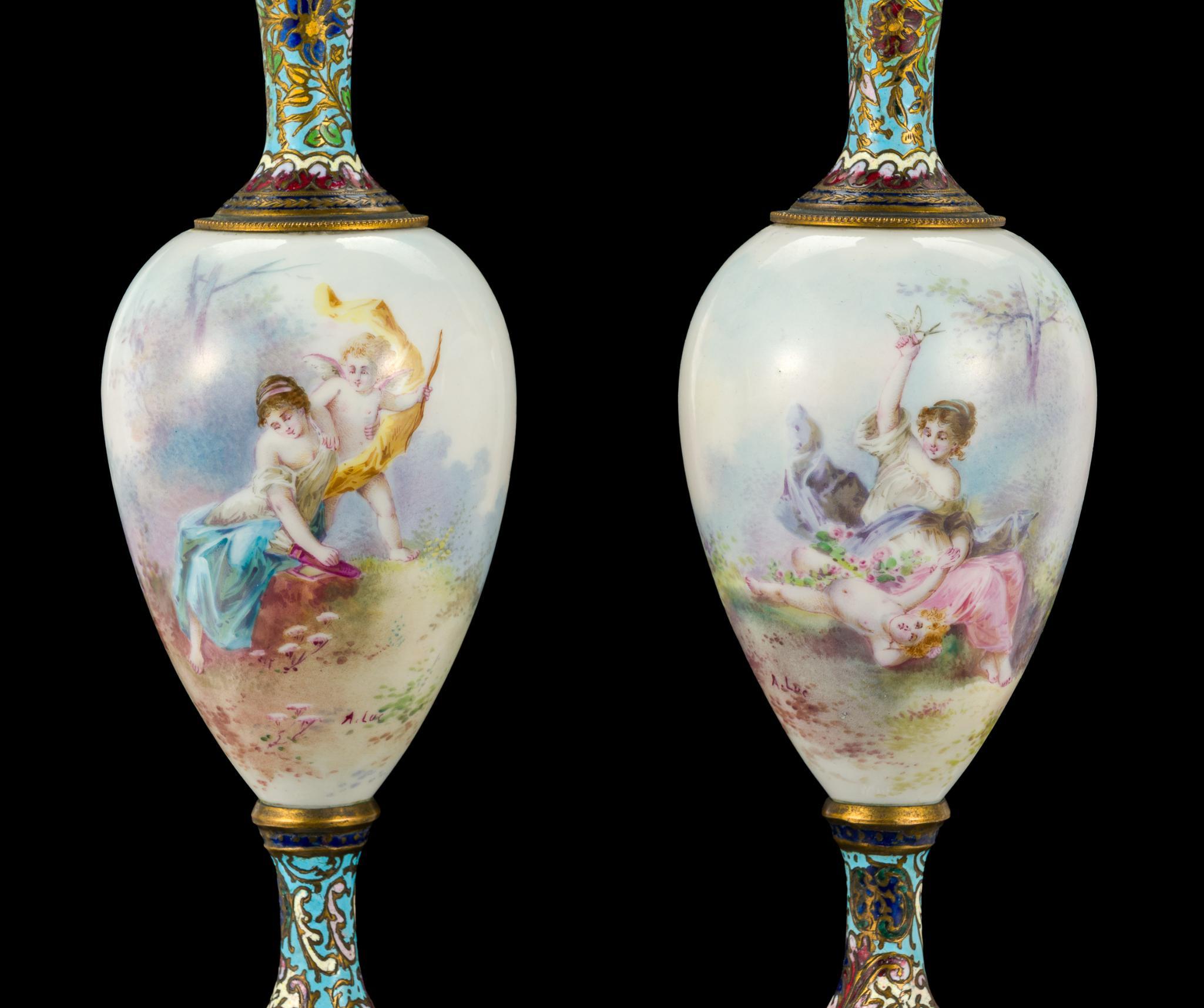 Pair of French Sevres Style Porcelain and Enamel Lidded Urns