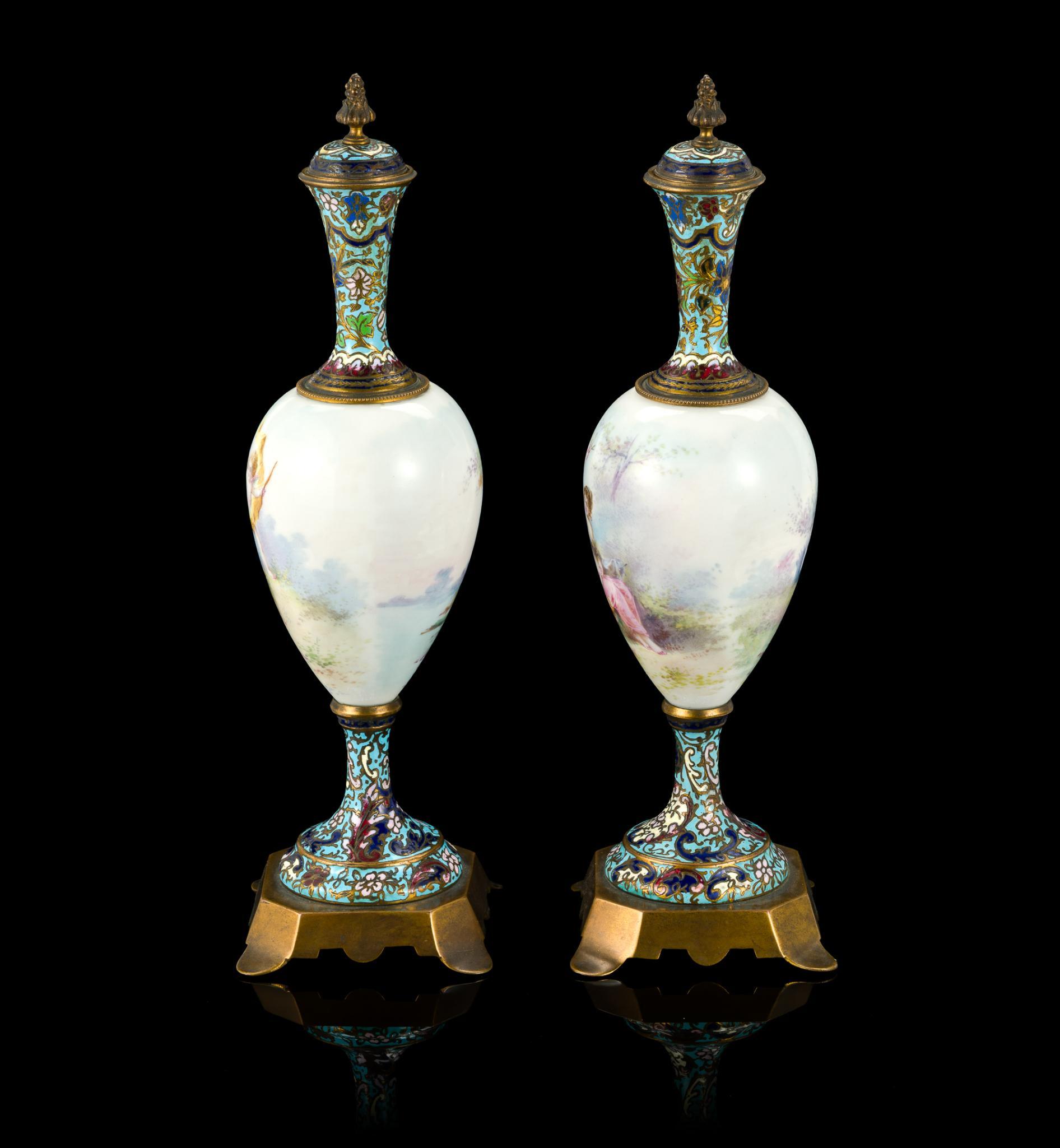 Pair of French Sevres Style Porcelain and Enamel Lidded Urns