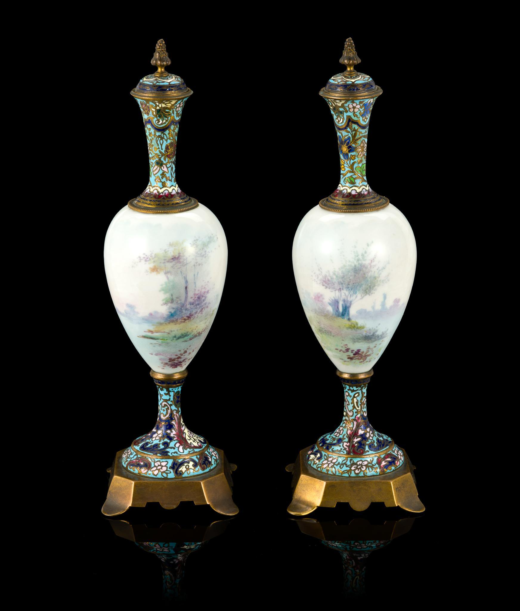 Pair of French Sevres Style Porcelain and Enamel Lidded Urns