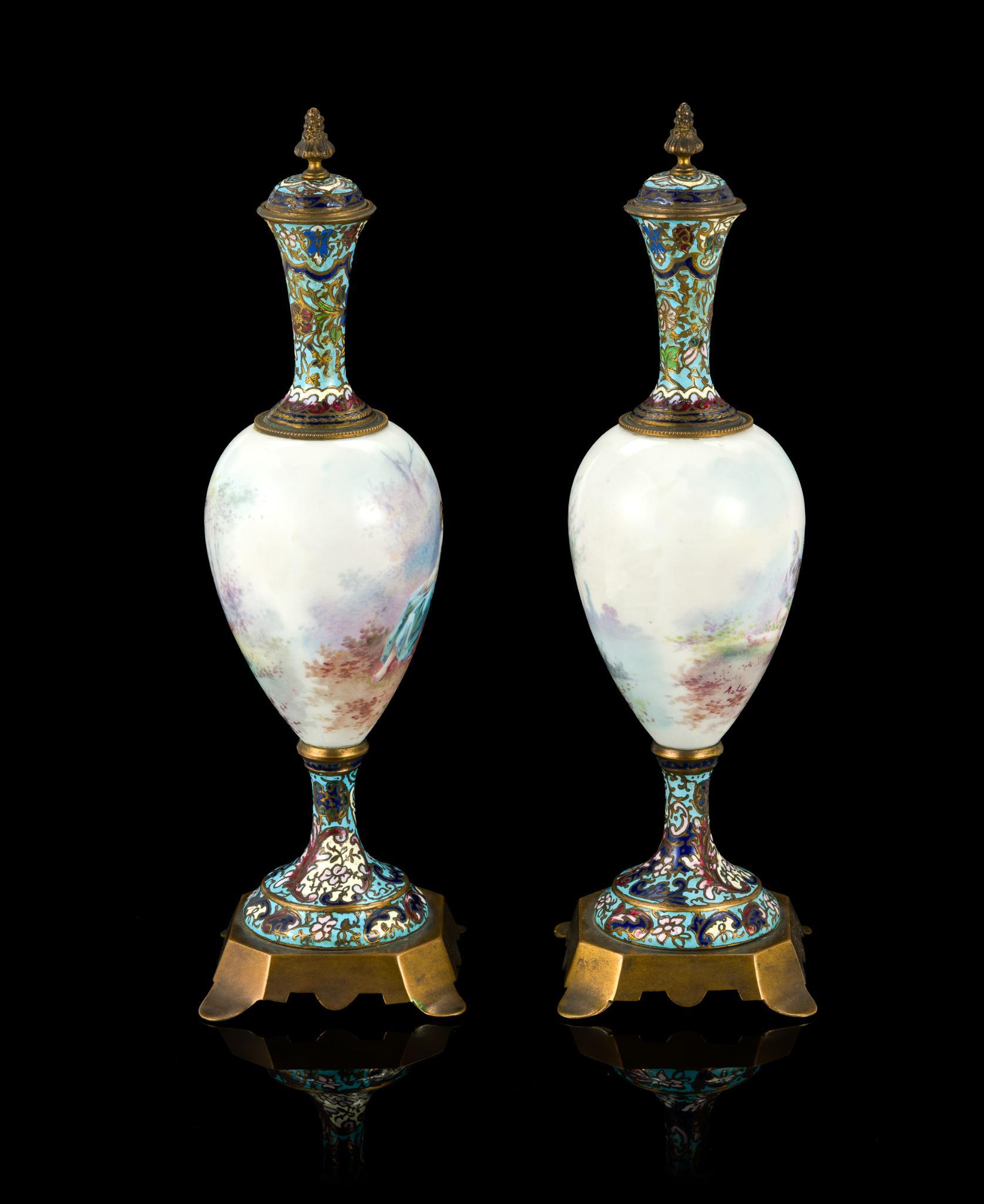 Pair of French Sevres Style Porcelain and Enamel Lidded Urns