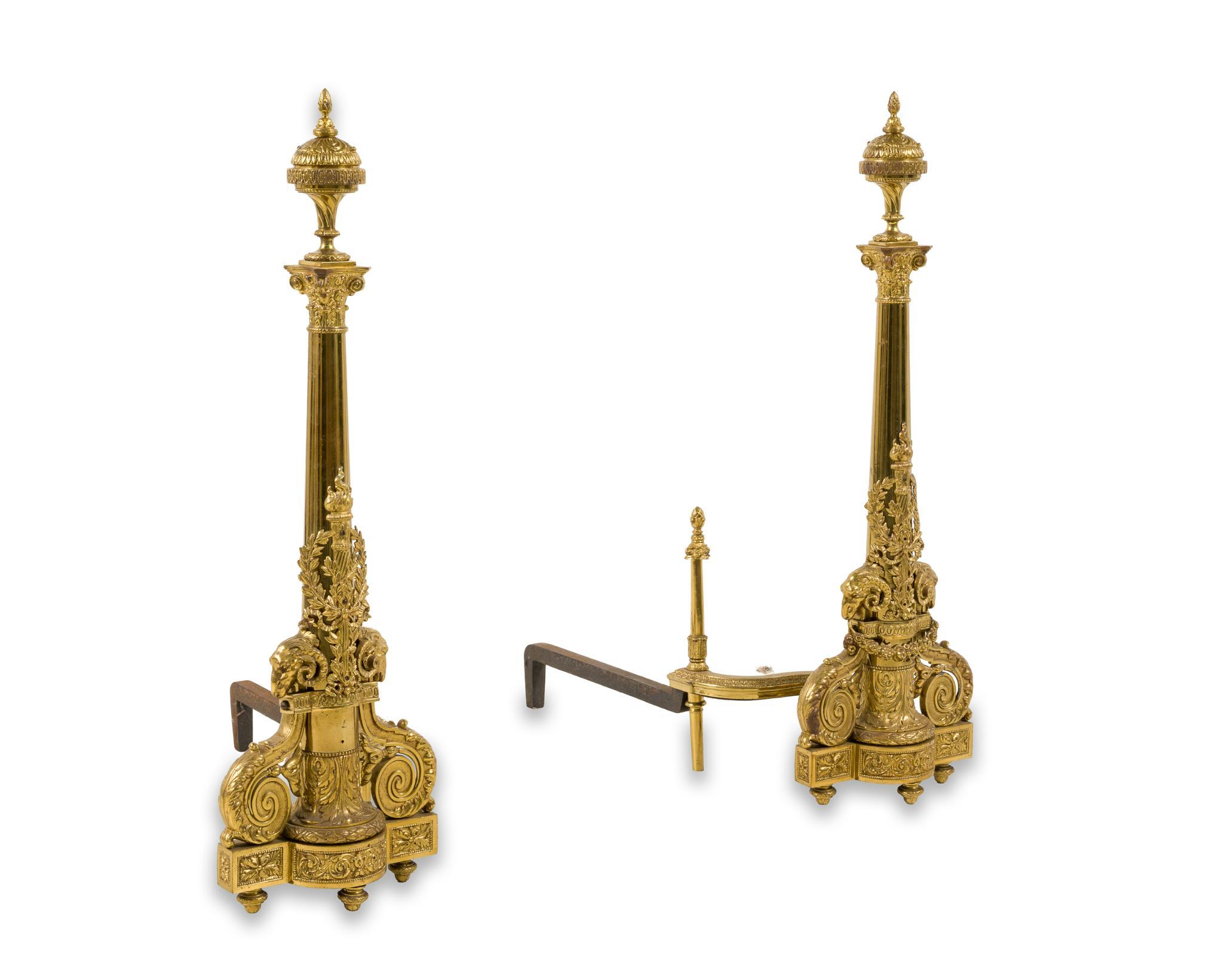 Pair of Neoclassical Brass Andirons