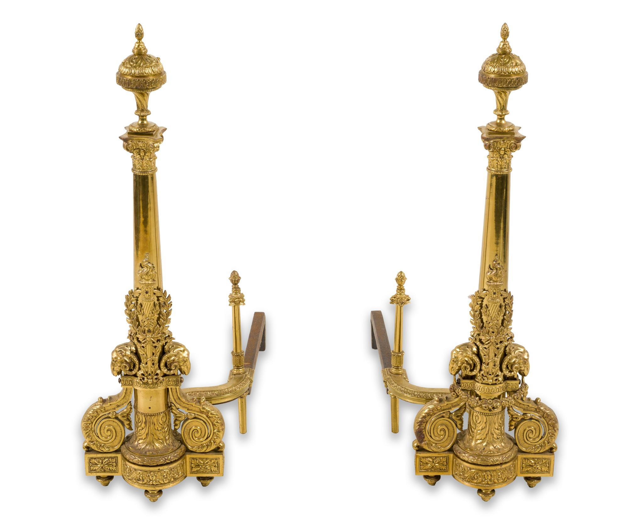 Pair of Neoclassical Brass Andirons