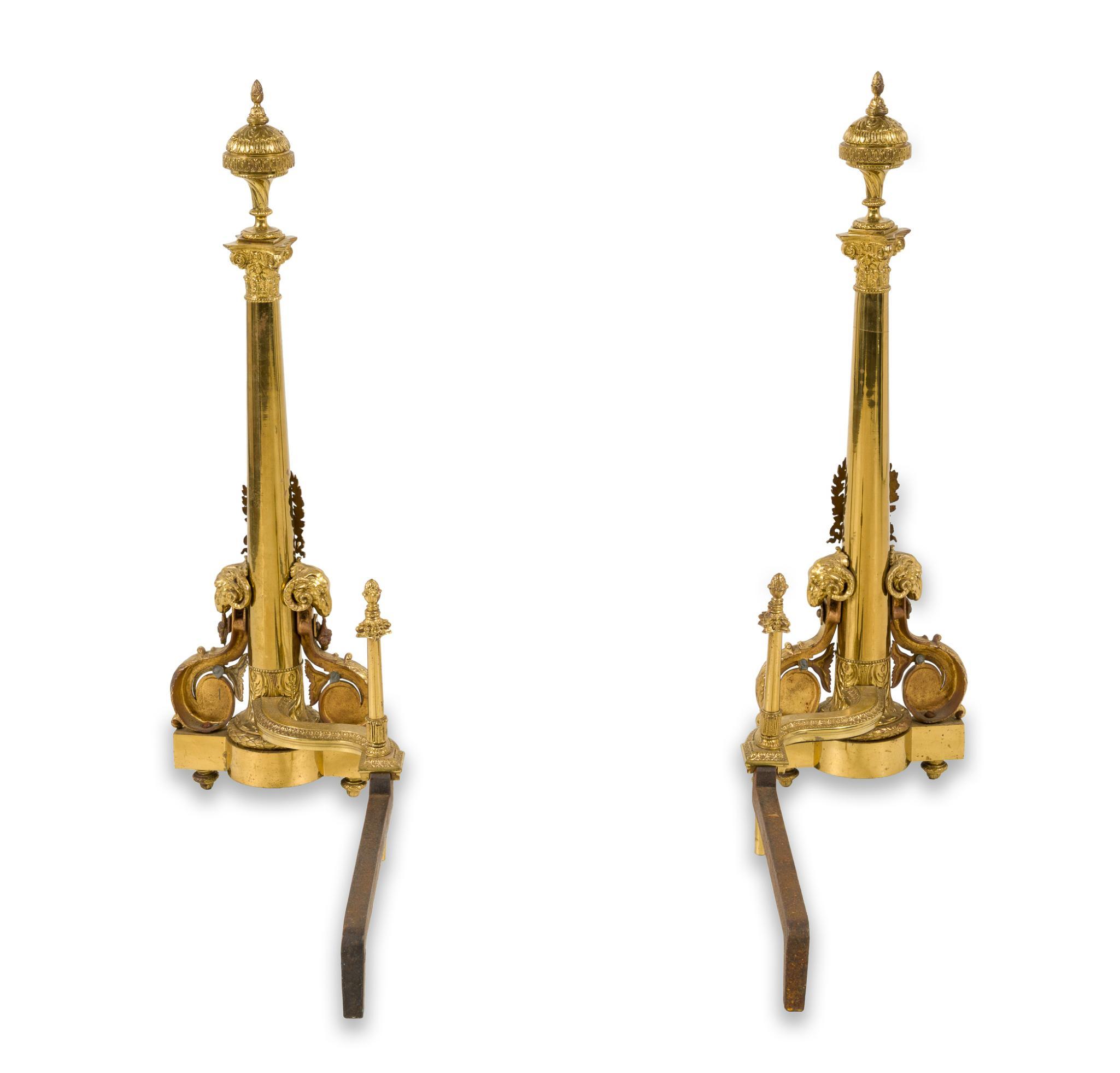 Pair of Neoclassical Brass Andirons