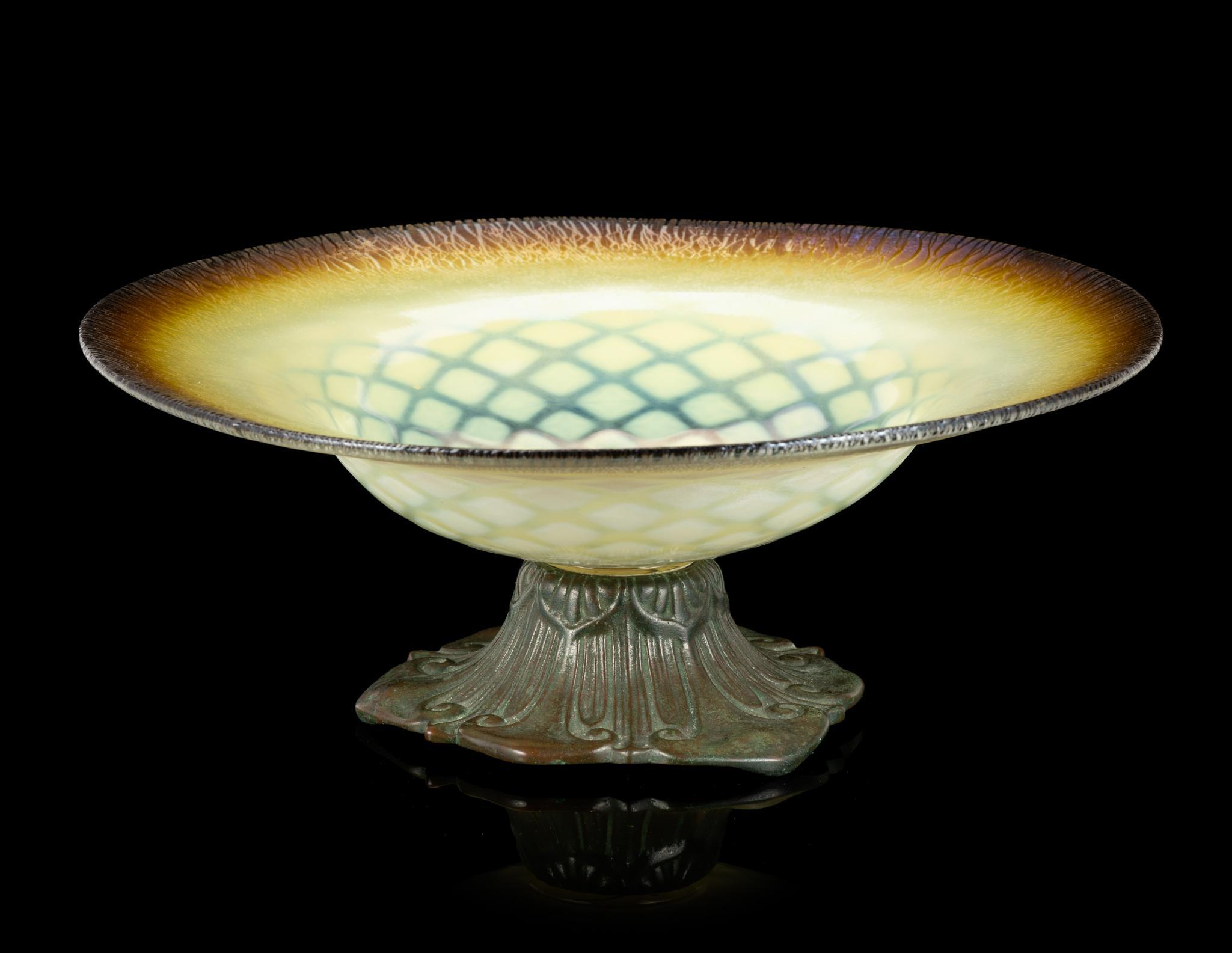 Louis C. Tiffany Furnaces Bronze and Favrile Glass Centerpiece Bowl