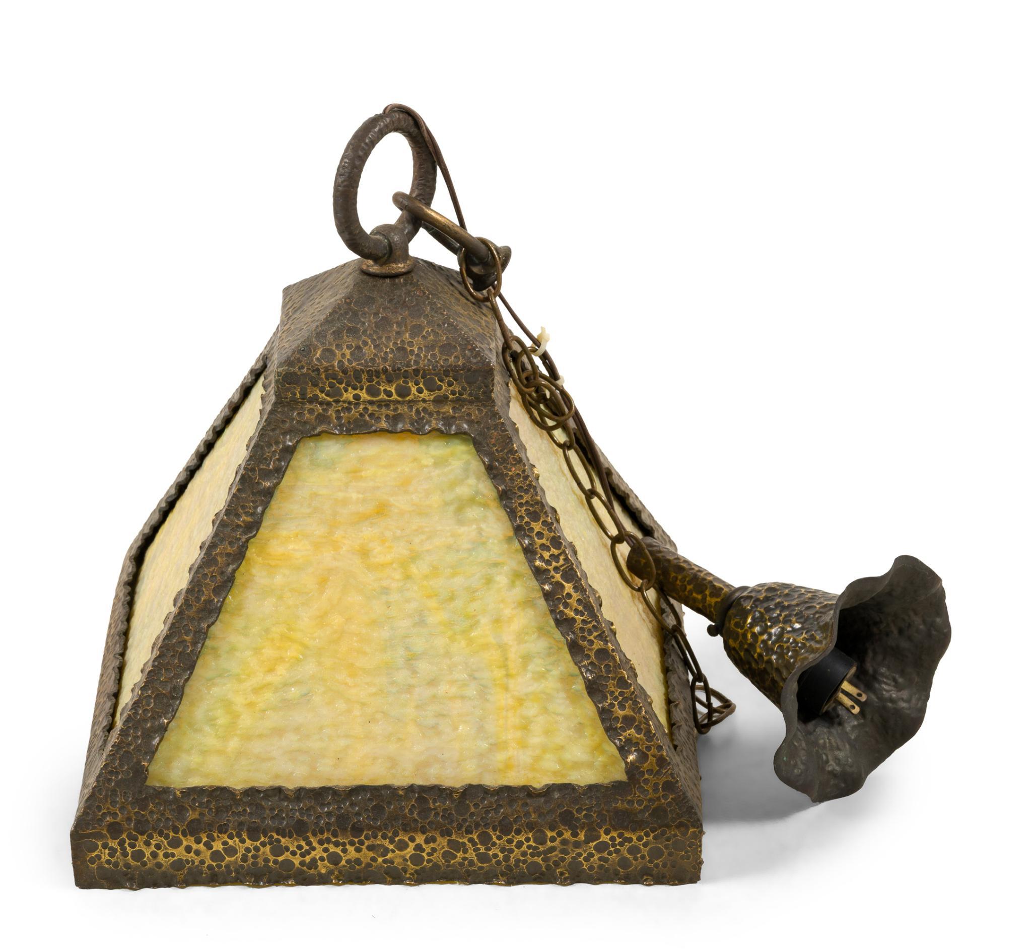 Arts and Crafts Hammered Brass and Slag Glass Hanging Fixture