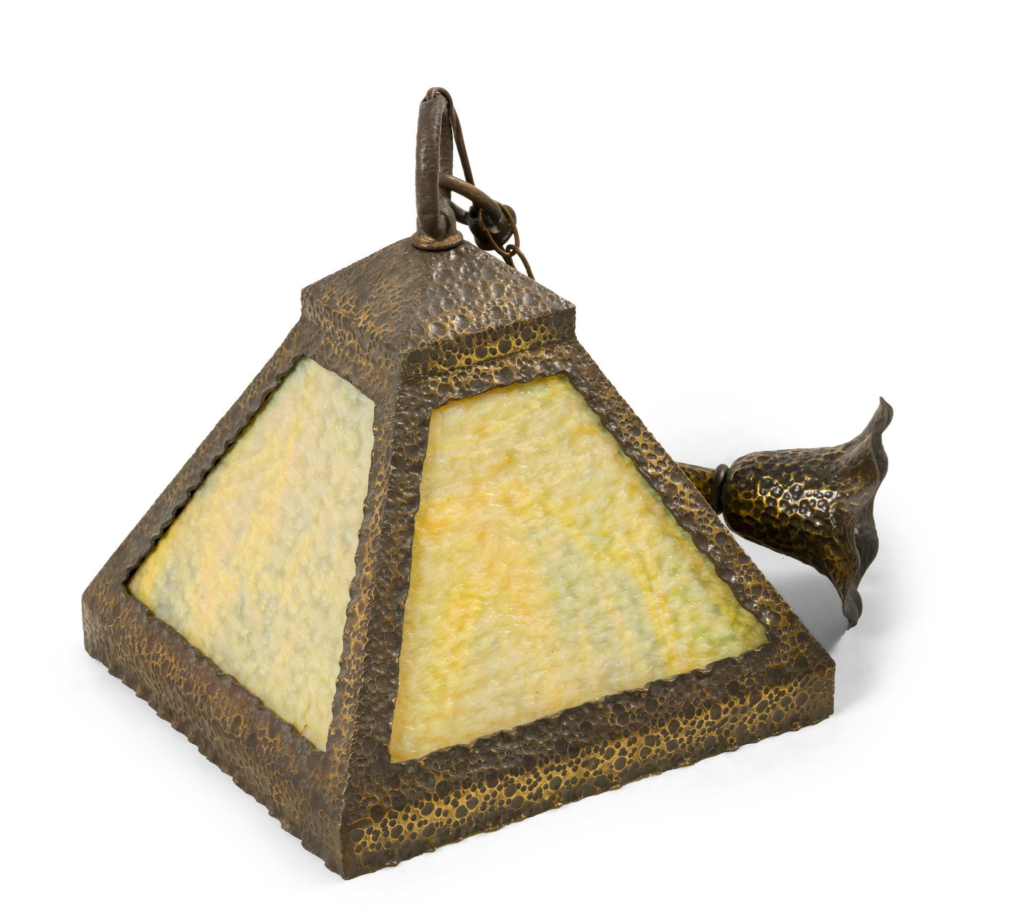 Arts and Crafts Hammered Brass and Slag Glass Hanging Fixture