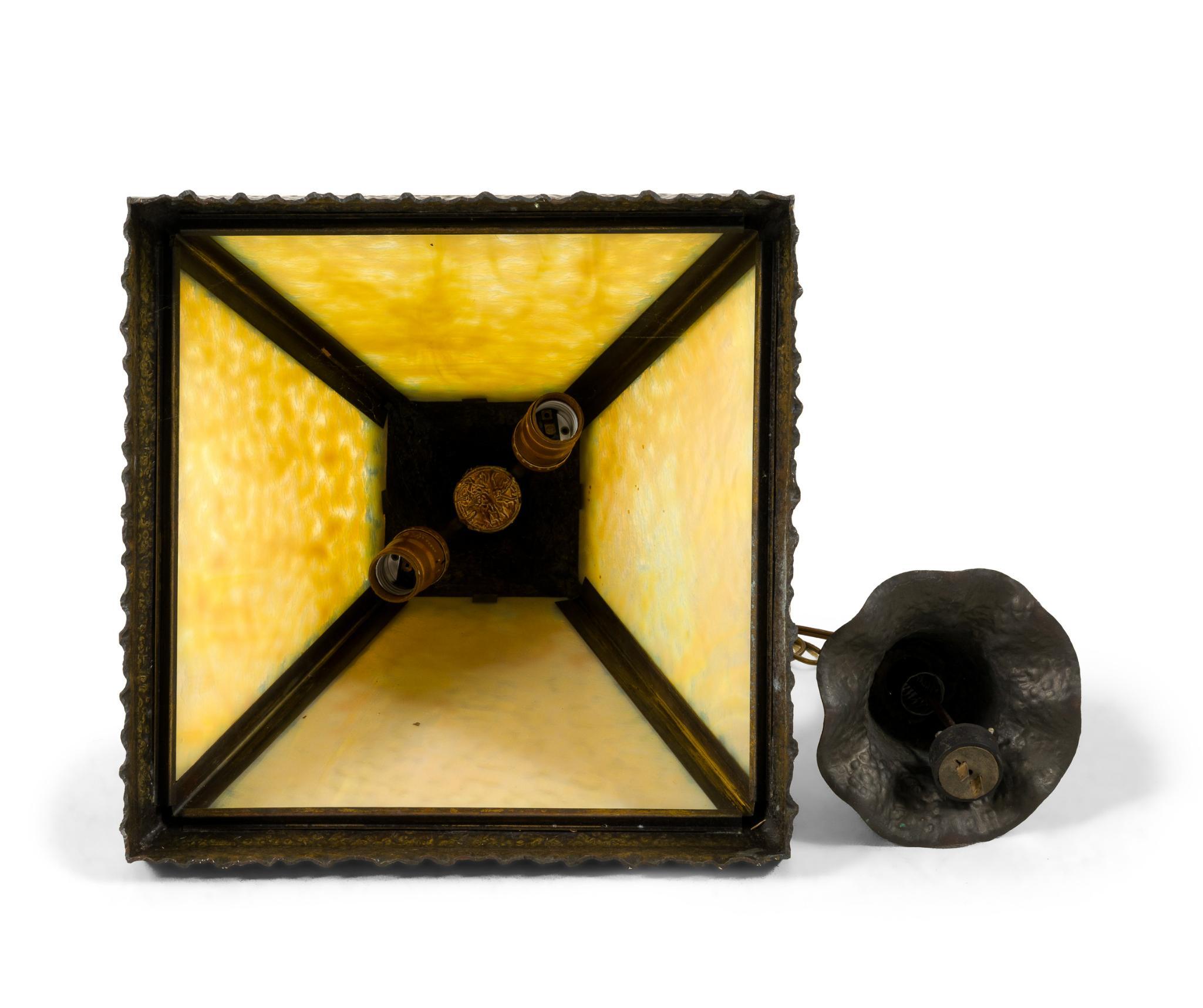 Arts and Crafts Hammered Brass and Slag Glass Hanging Fixture