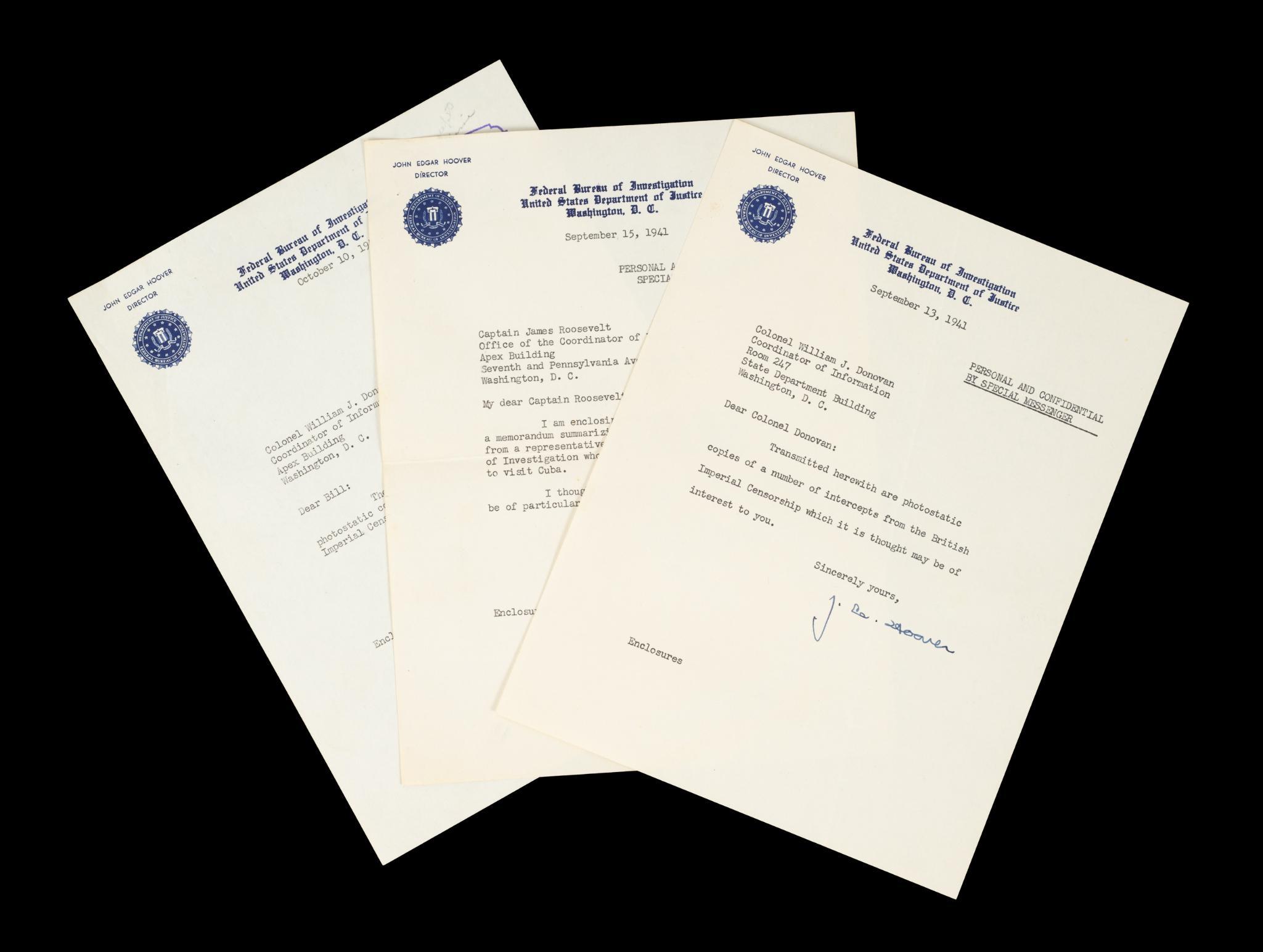 3 J. Edgar Hoover Signed FBI Letters