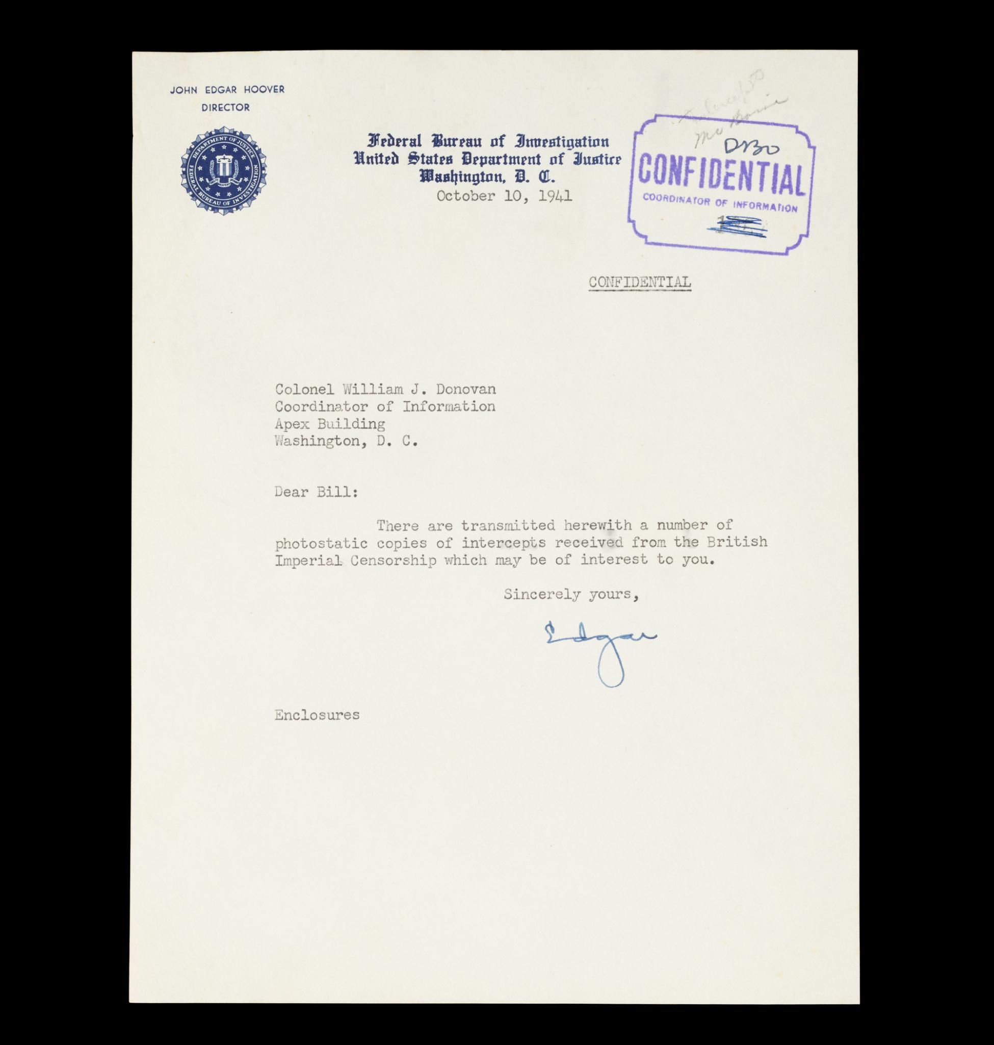 3 J. Edgar Hoover Signed FBI Letters