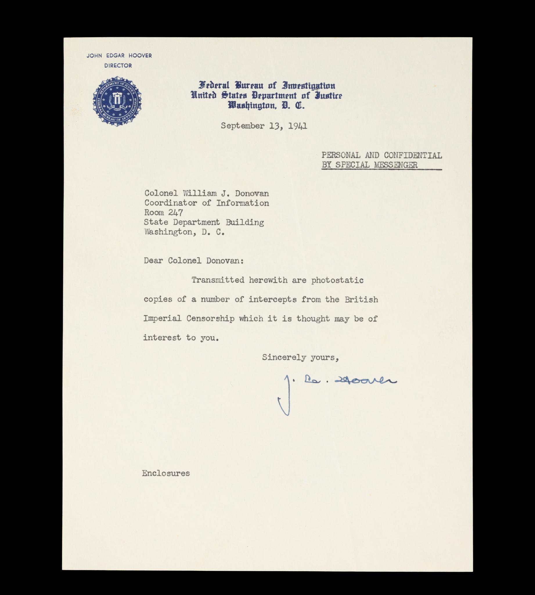 3 J. Edgar Hoover Signed FBI Letters