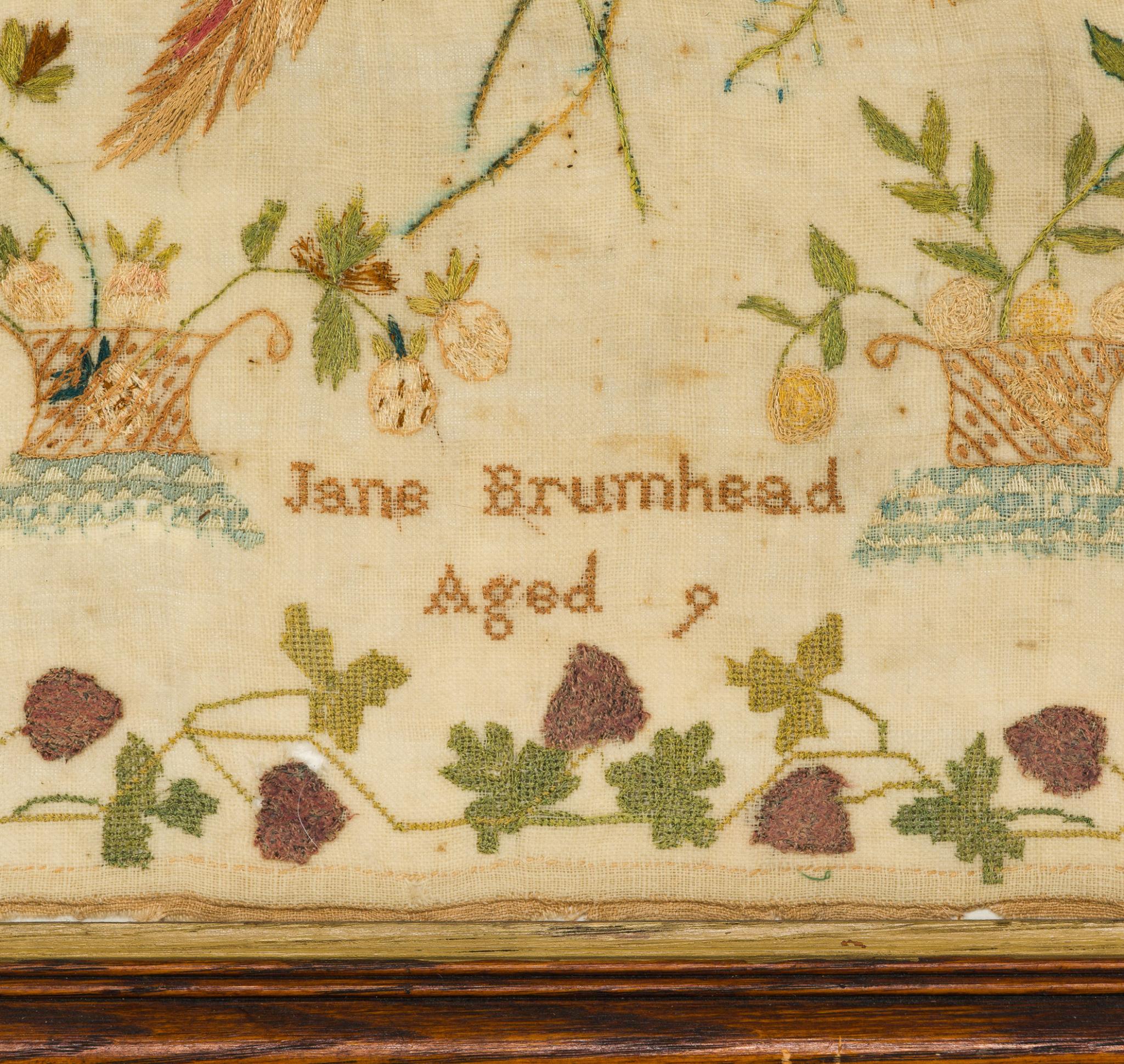 19th C Small Needlepoint Sampler "Jane Brumhead"