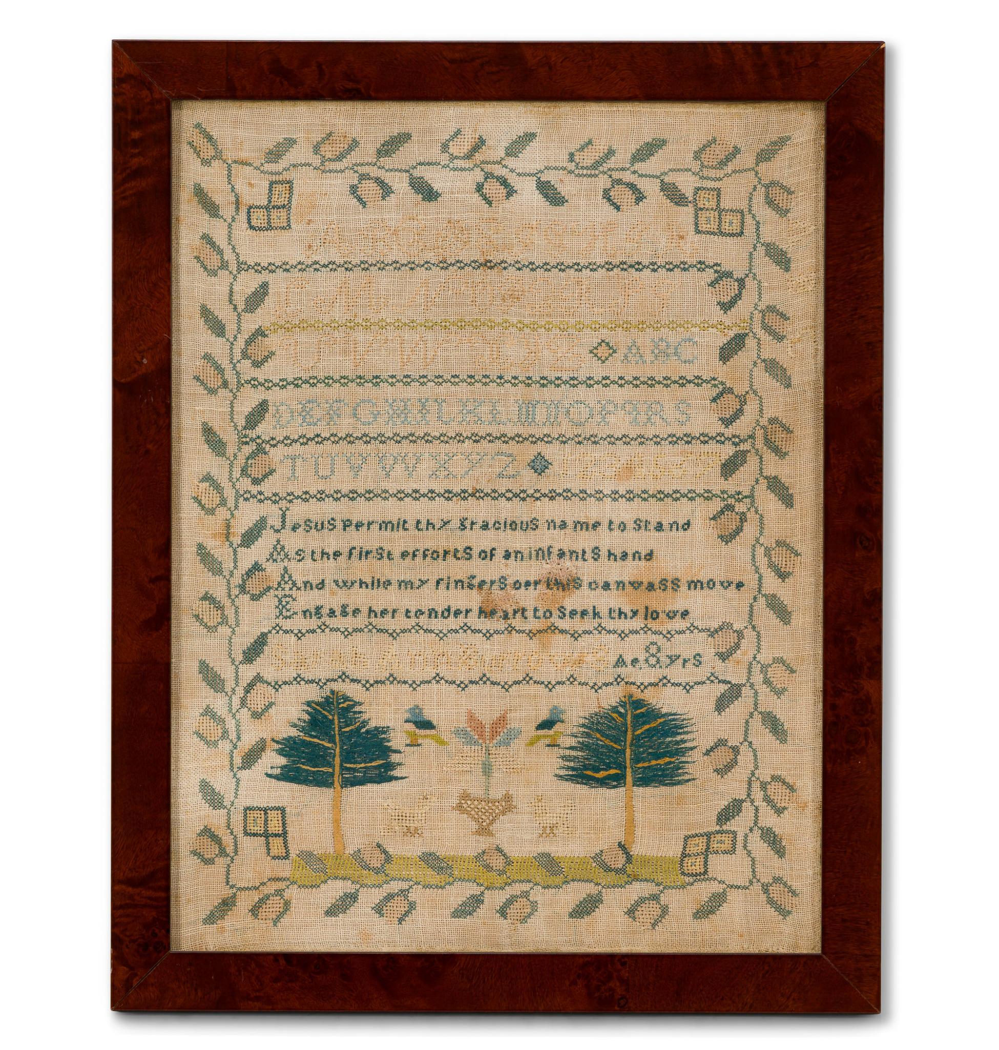 19th C Small Needlepoint Sampler "Sarah Ann Burrows"