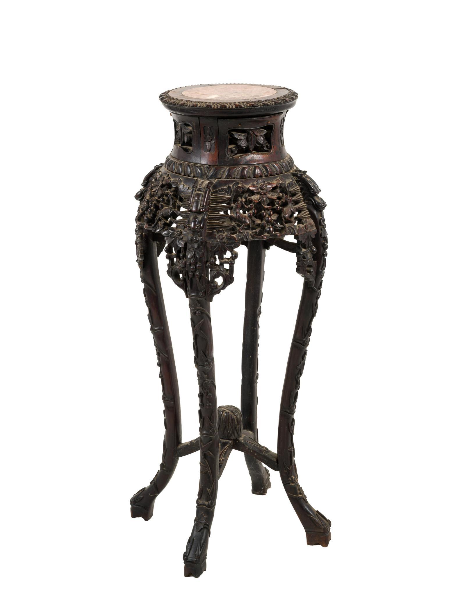Chinese Marble Top Rosewood Carved Plant Stand