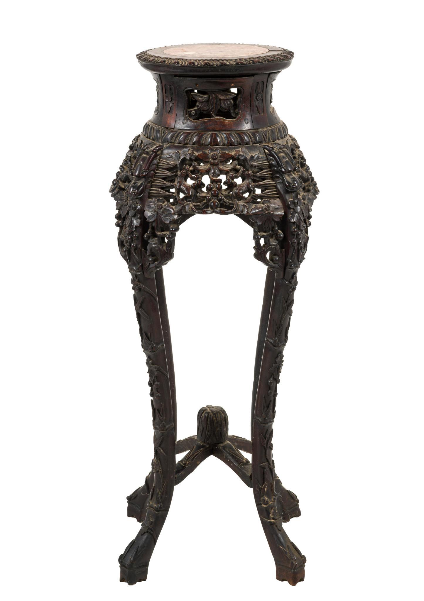 Chinese Marble Top Rosewood Carved Plant Stand