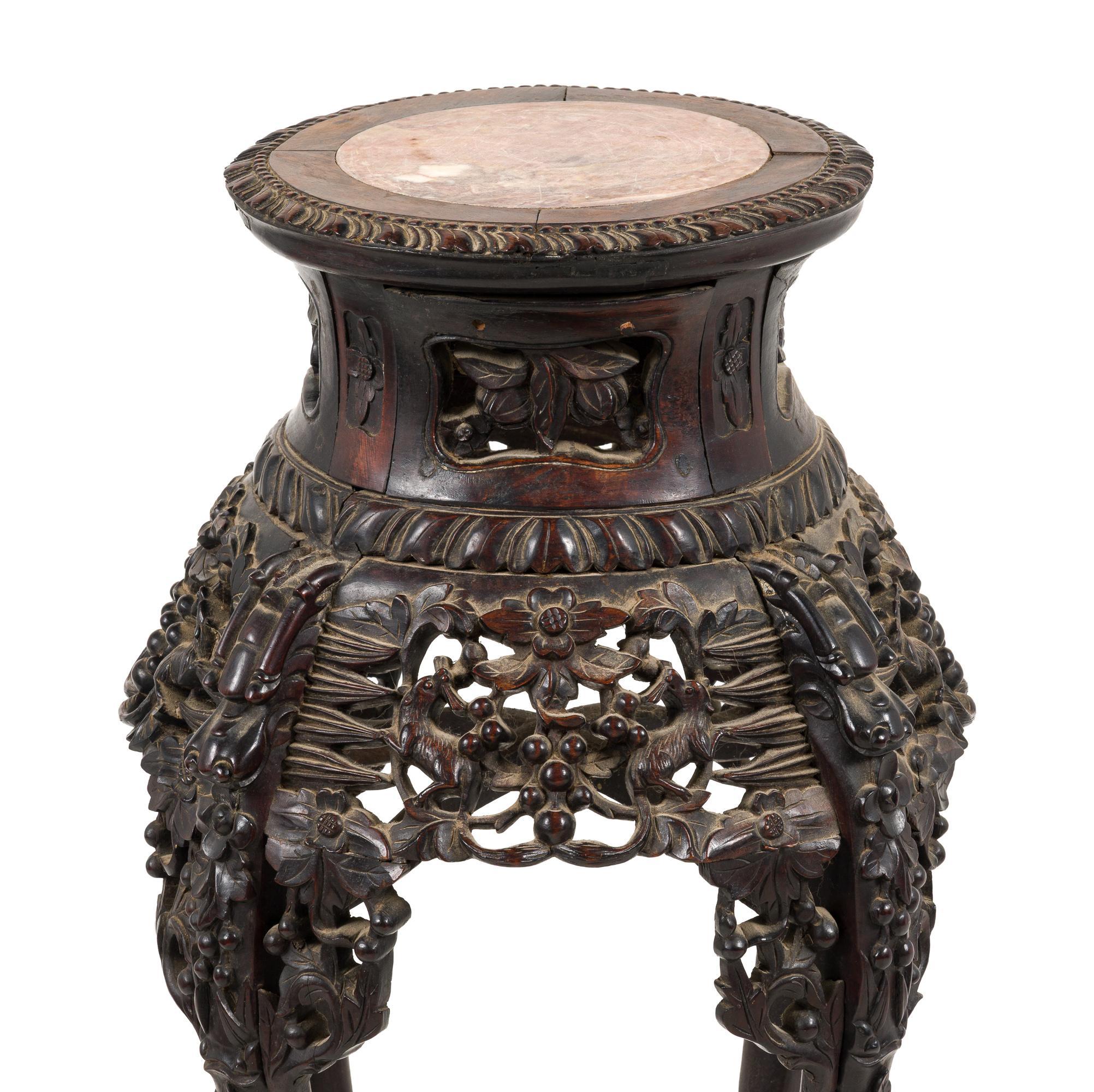 Chinese Marble Top Rosewood Carved Plant Stand