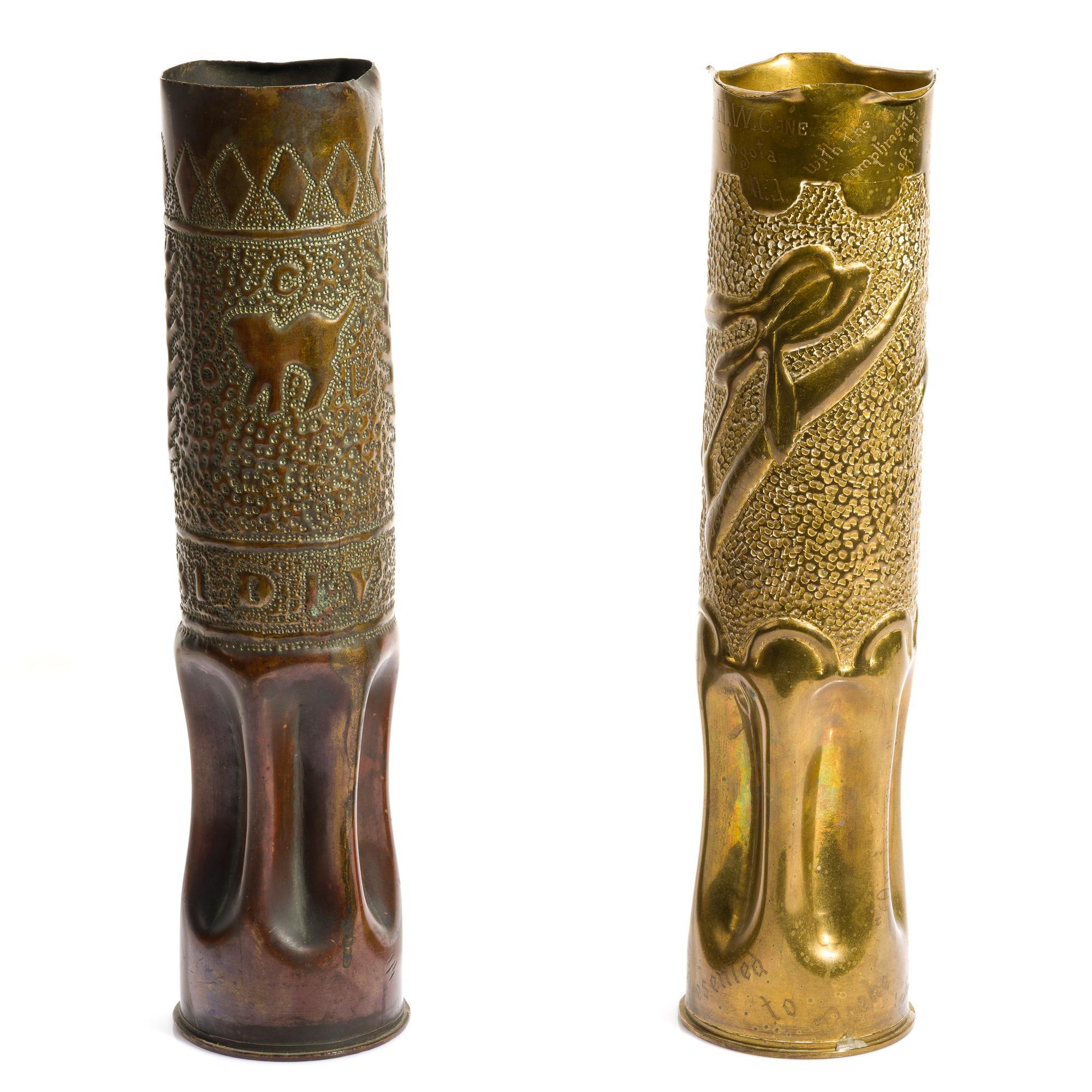 2 WWI Trench Art Shell Vases
