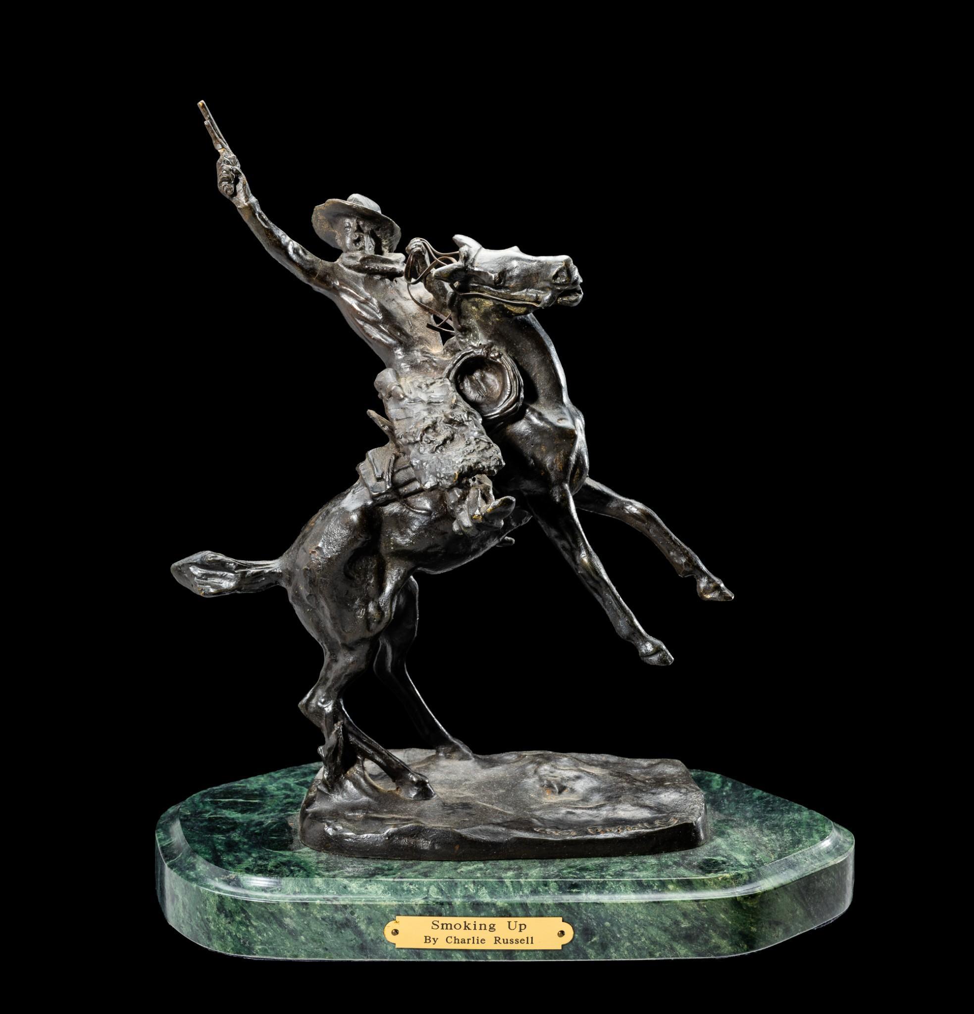 After Charles Marion Russell "Smoking Up" Bronze Sculpture