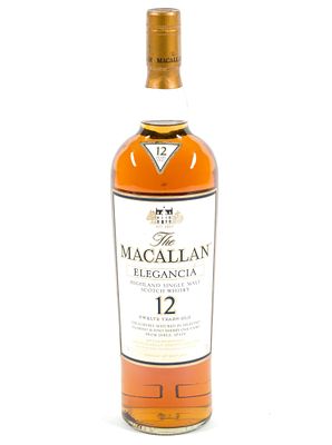 The Macallan Elegancia 12 Year Whiskey. One liter bottle measures 4" x 4" x 14-1/4". Made and 