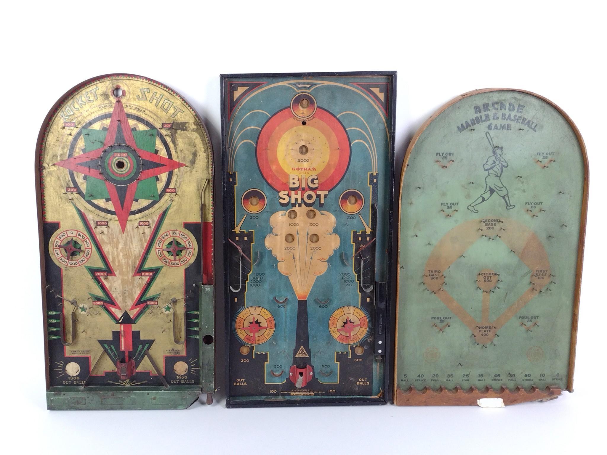 3 Antique Tabletop Pinball Games Incl. Rocket Shot & Gotham