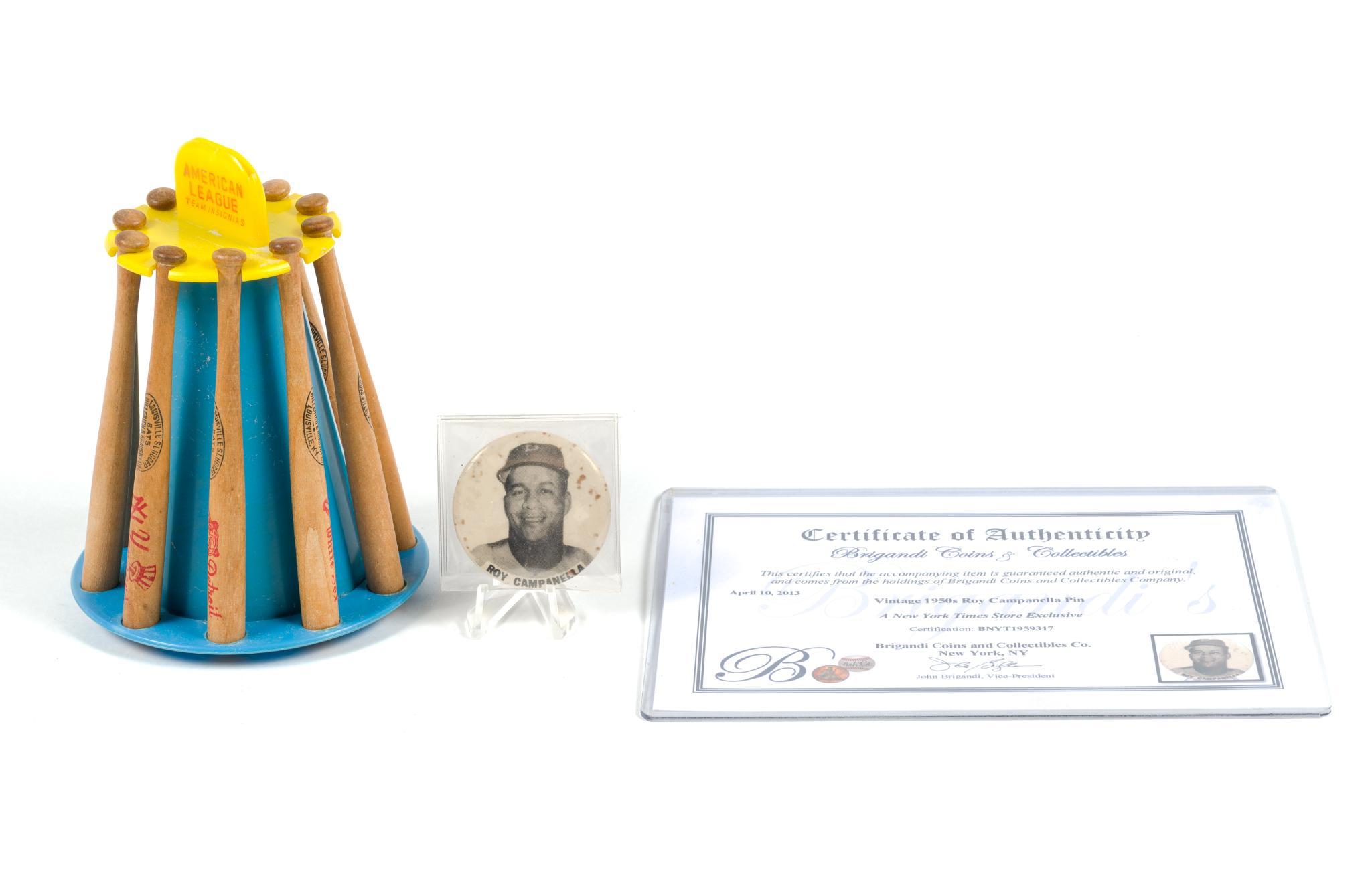 Louisville Slugger American League Mini Bat Bank & Roy Campanella Pin With COA