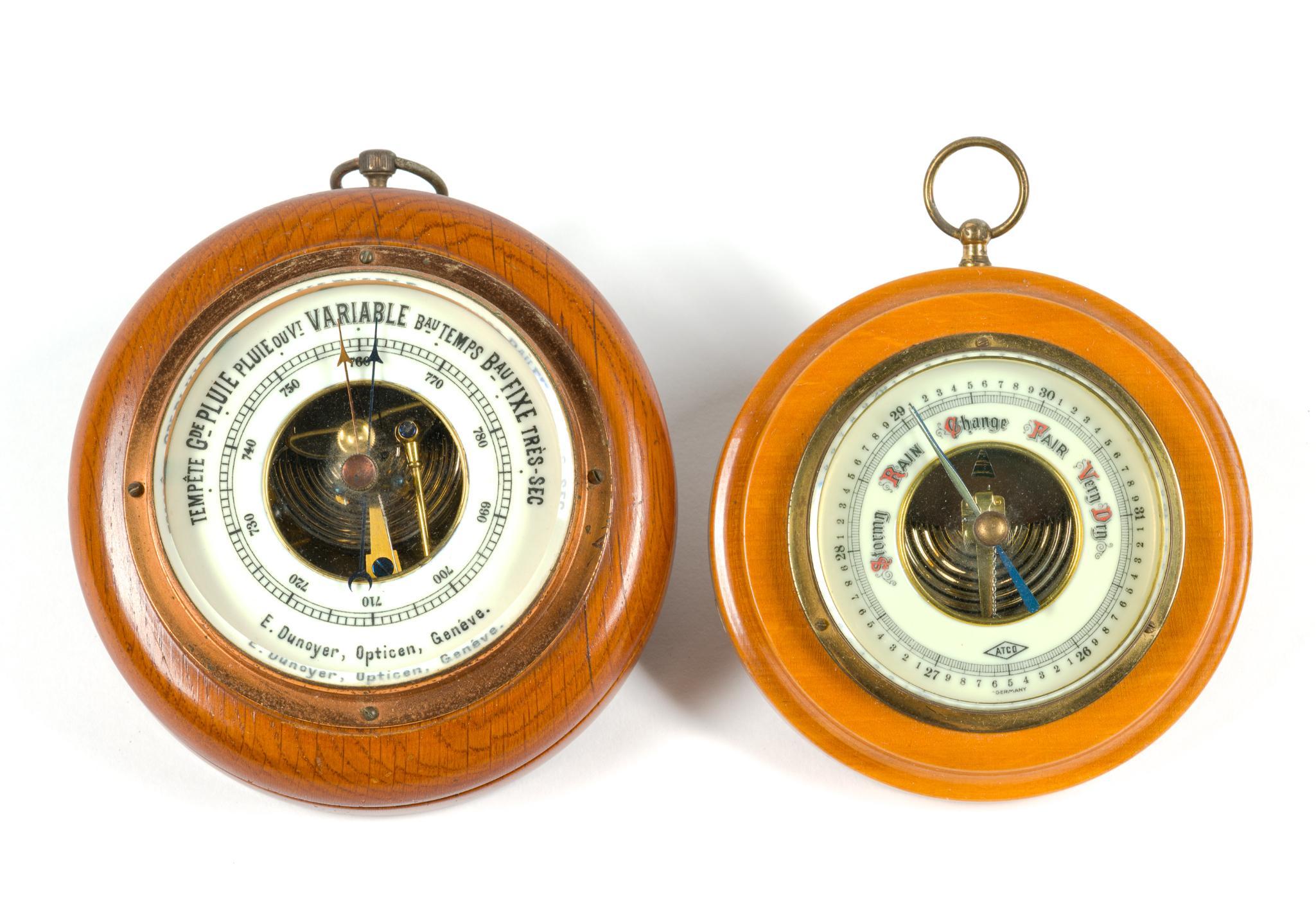 2 Vintage Wooden Aneroid Barometers Incl. ATCO & E. Dunoyer