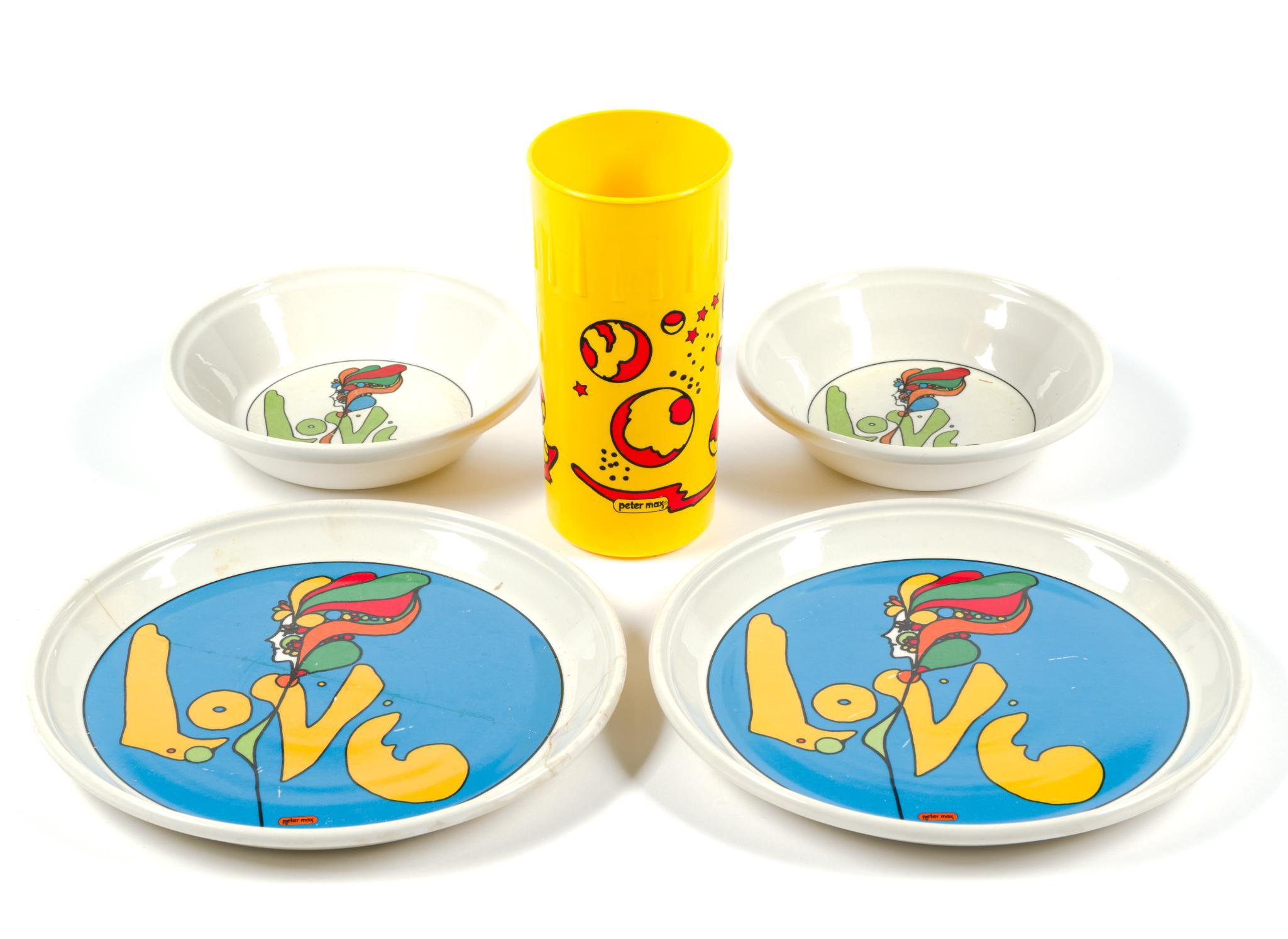 2 Peter Max "Love" Bowls, 2 Plates & Plastic Cup