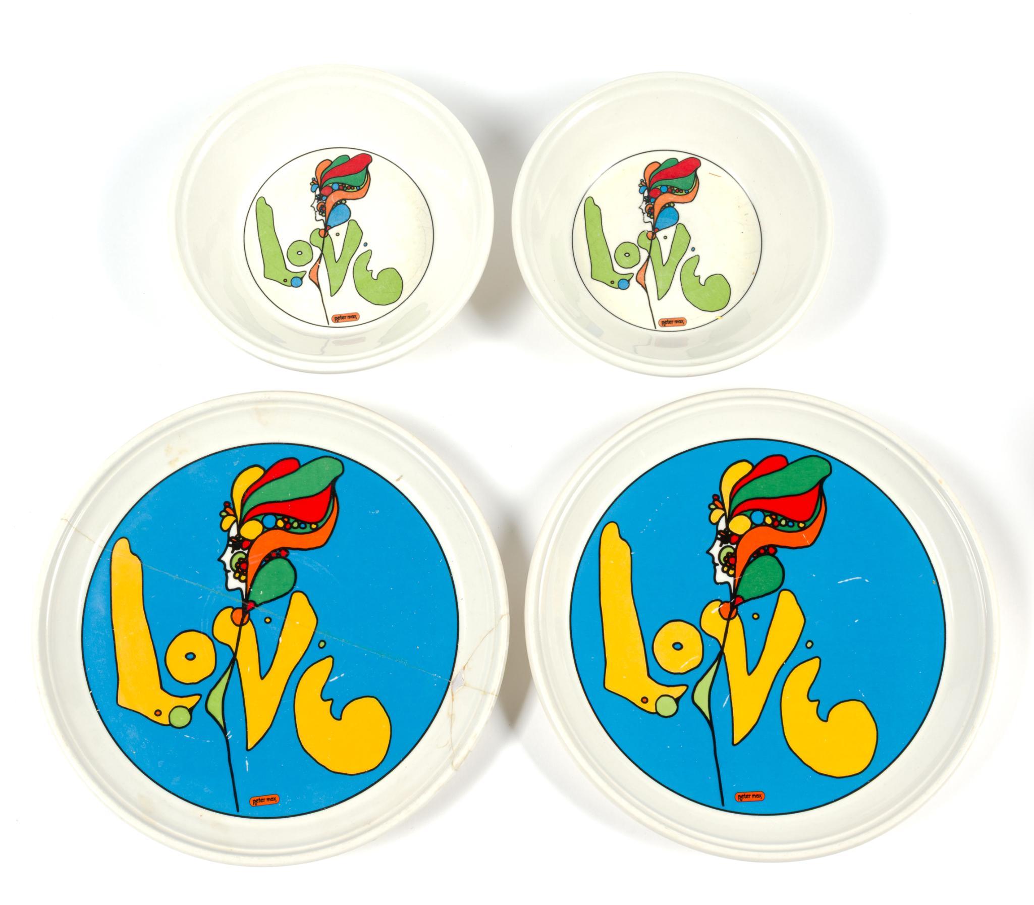 2 Peter Max "Love" Bowls, 2 Plates & Plastic Cup