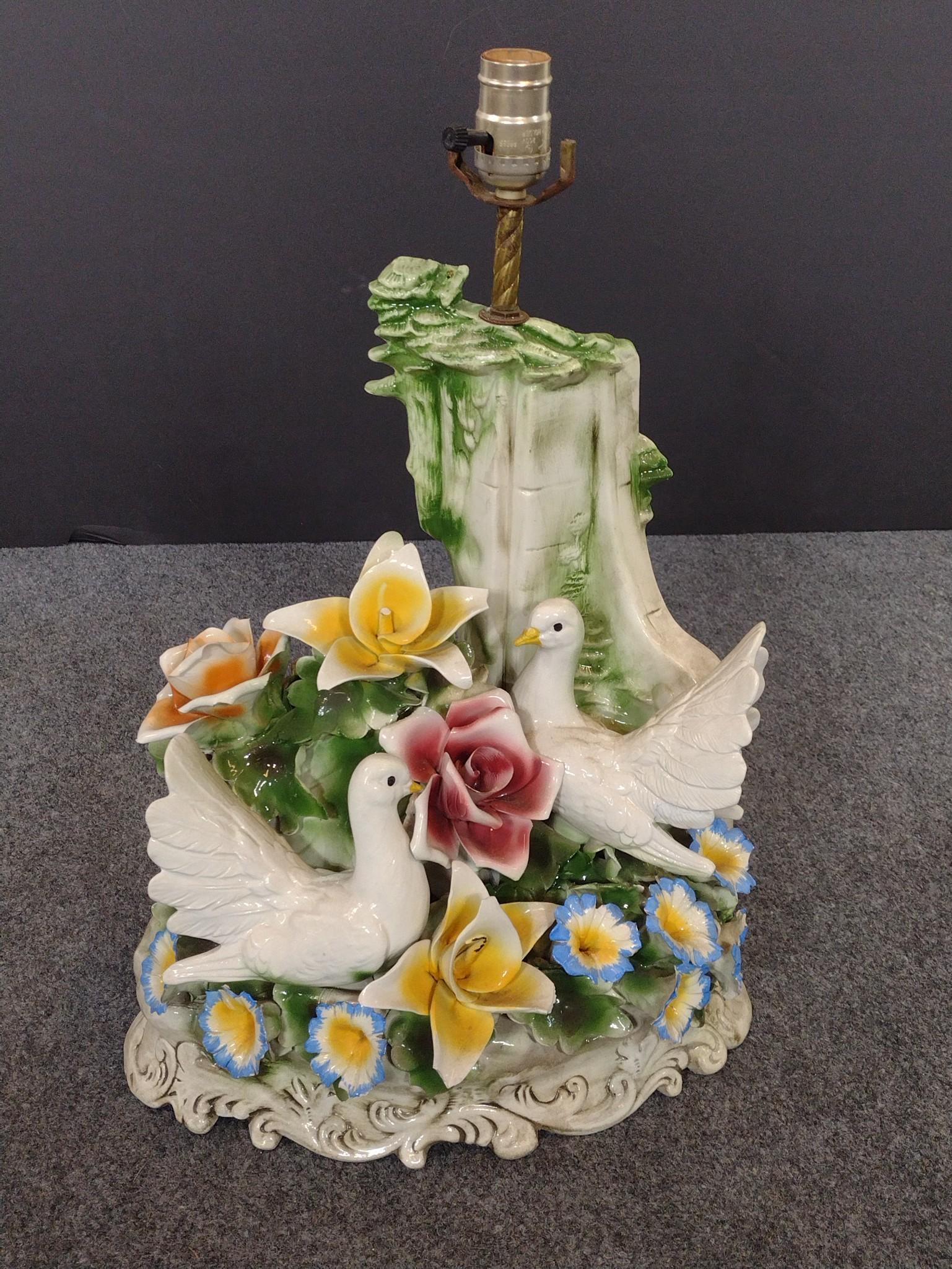 Capodimonte Style Figural Dove and Floral Table Lamp