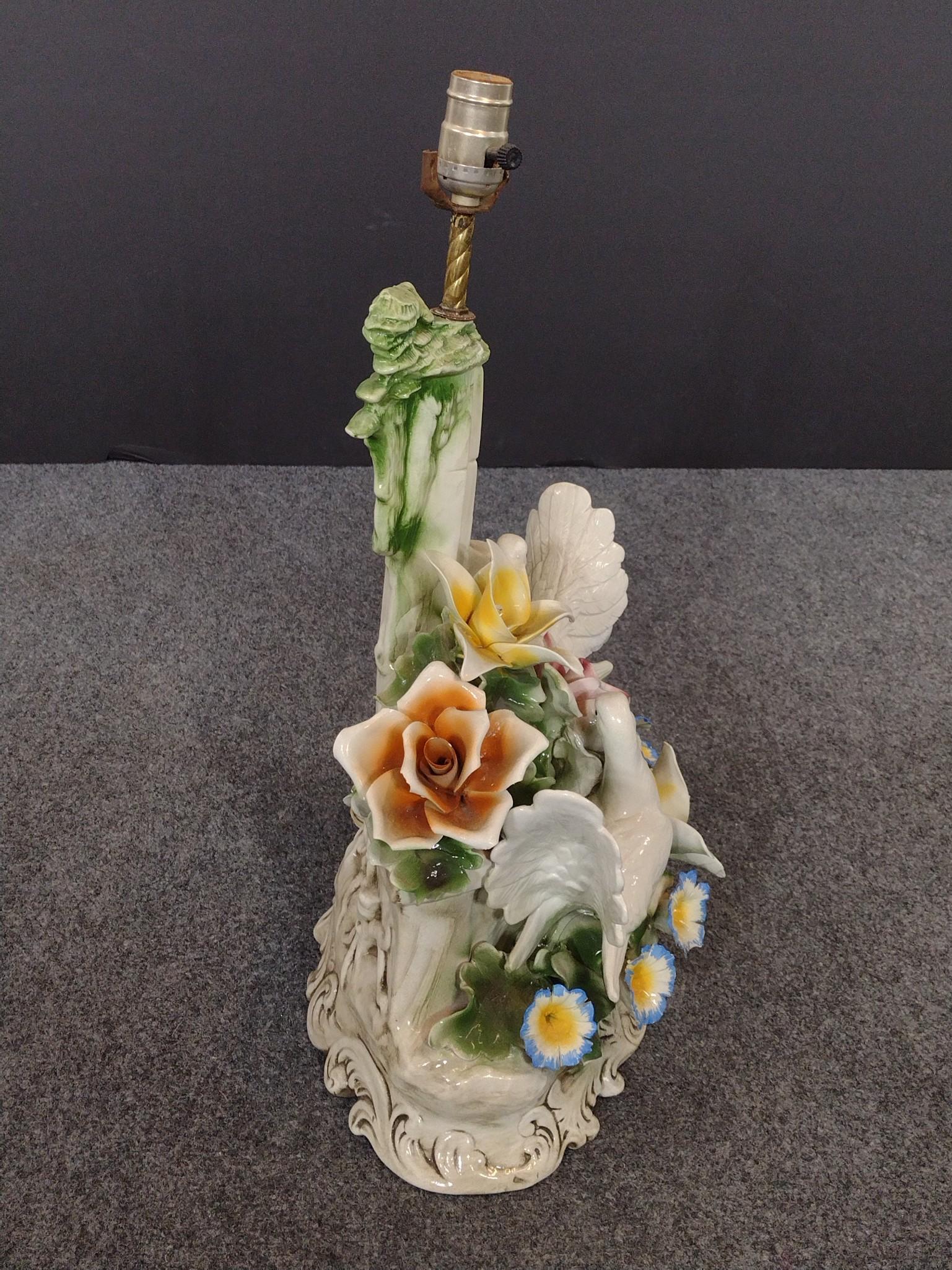 Capodimonte Style Figural Dove and Floral Table Lamp