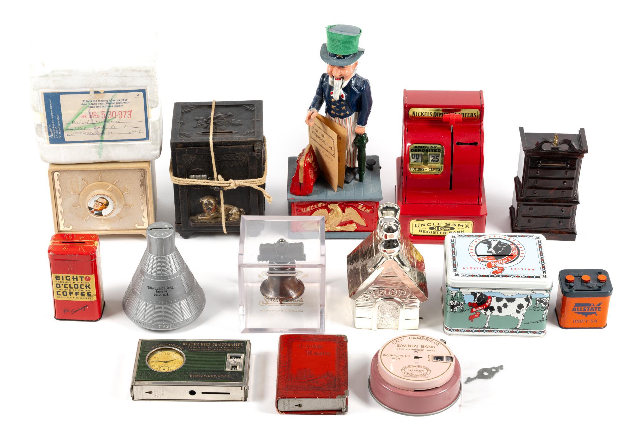 14 Tin & Cast Iron Banks Incl. J & E Stevens "Watchdog Bank"
