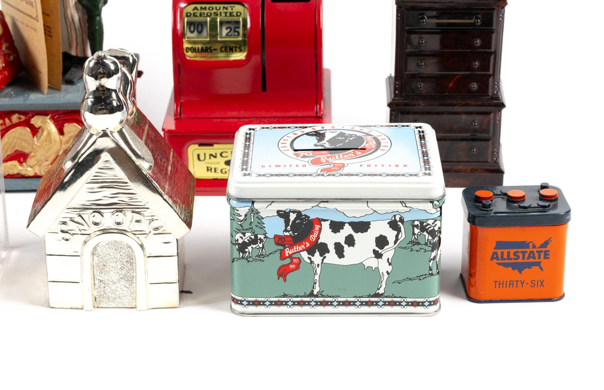14 Tin & Cast Iron Banks Incl. J & E Stevens "Watchdog Bank"