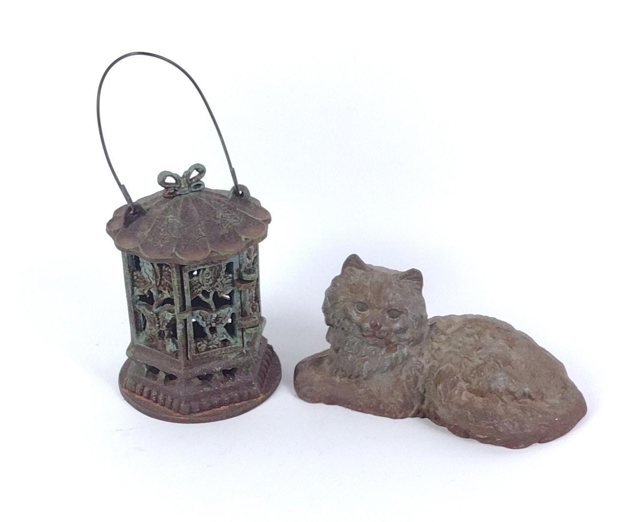 Hubley Persian Cat Door Stop & Cast Iron Bird Cage