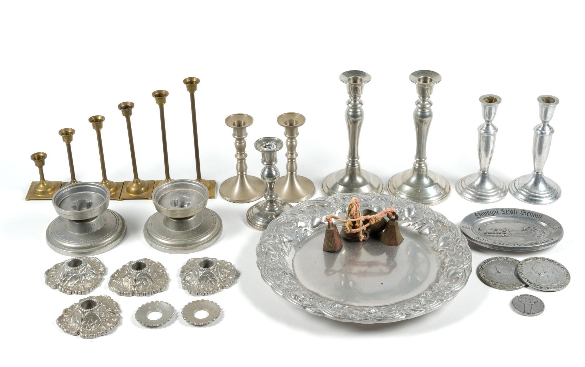 Brass Candlesticks & Assorted Pewter